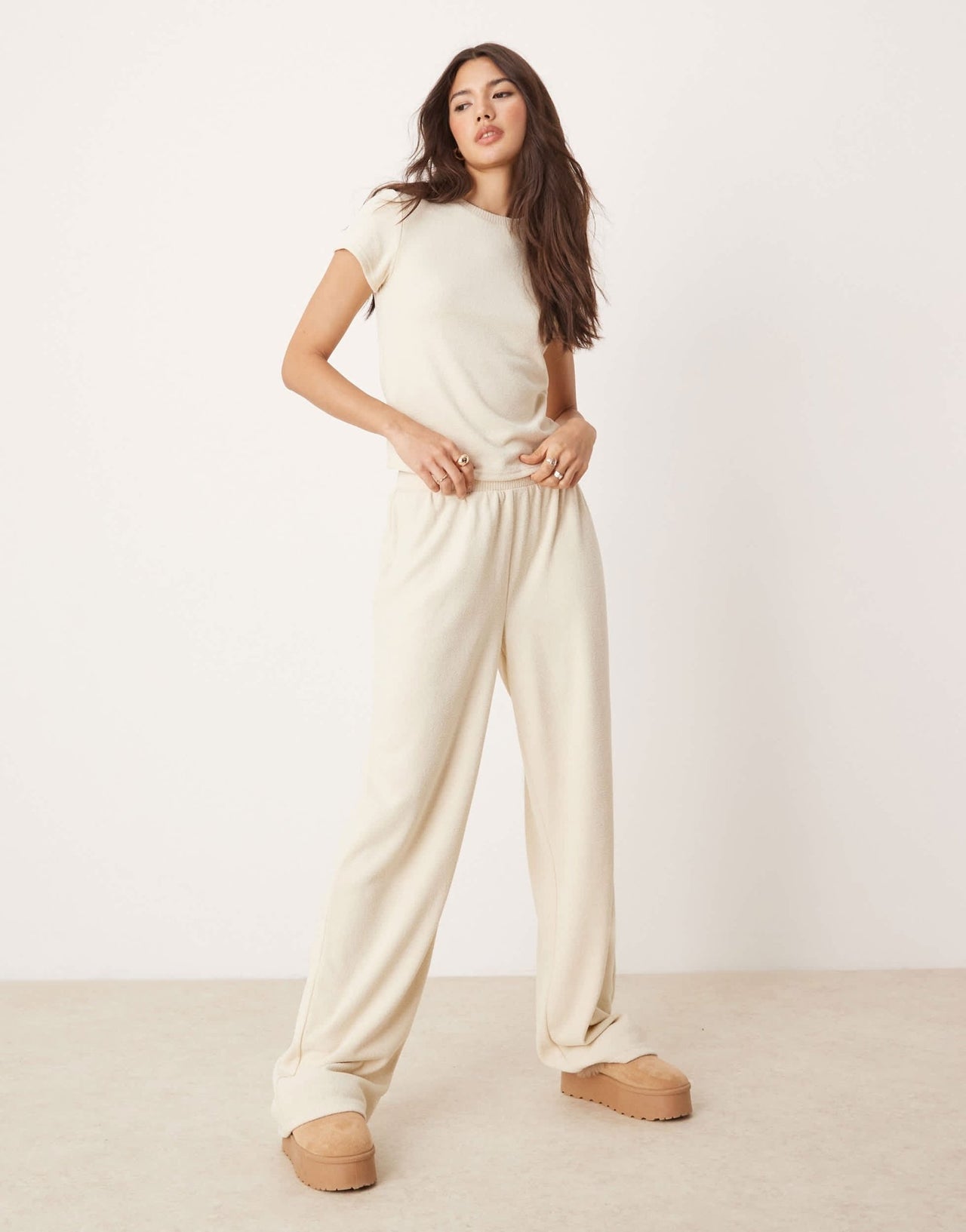ASOS DESIGN mix & match lounge fluffy sock wide leg trouser in cream - ASOS Sample Sale