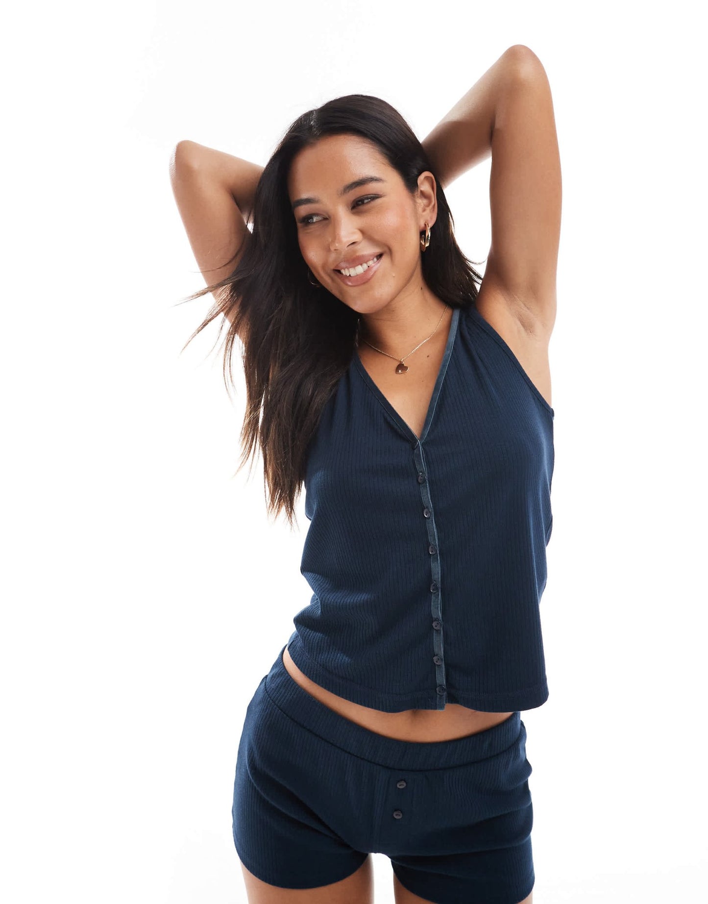 ASOS DESIGN mix & match rib and velvet trim button through vest in navy - ASOS Sample Sale
