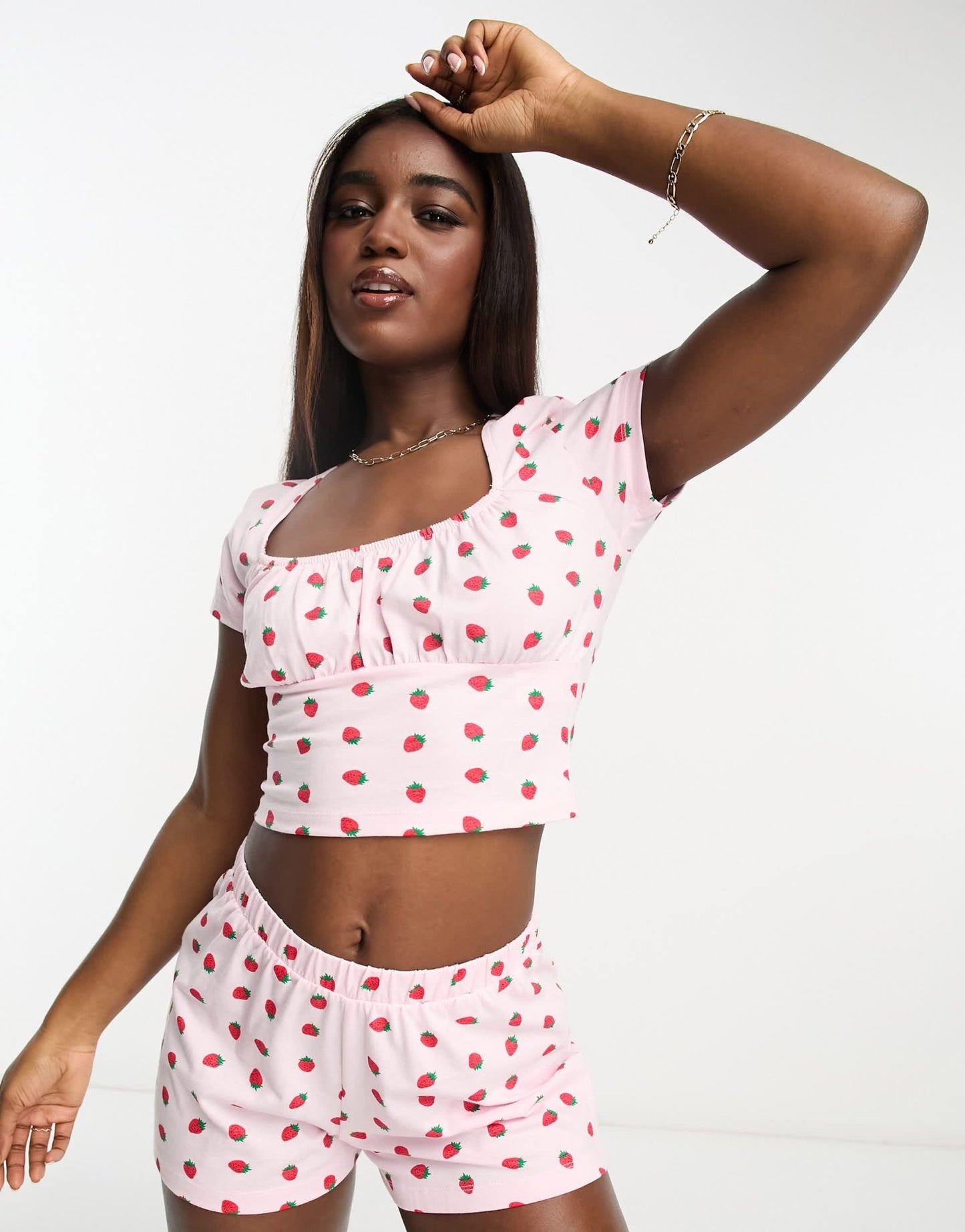 ASOS DESIGN mix & match strawberry milkmaid pyjama top in pink - ASOS Sample Sale
