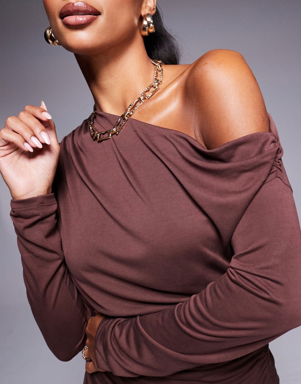 ASOS DESIGN modal fallen shoulder ruched mini dress in chocolate - ASOS Sample Sale