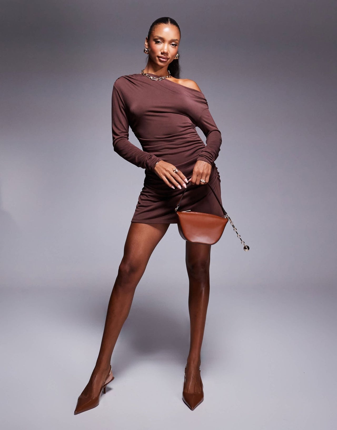 ASOS DESIGN modal fallen shoulder ruched mini dress in chocolate - ASOS Sample Sale