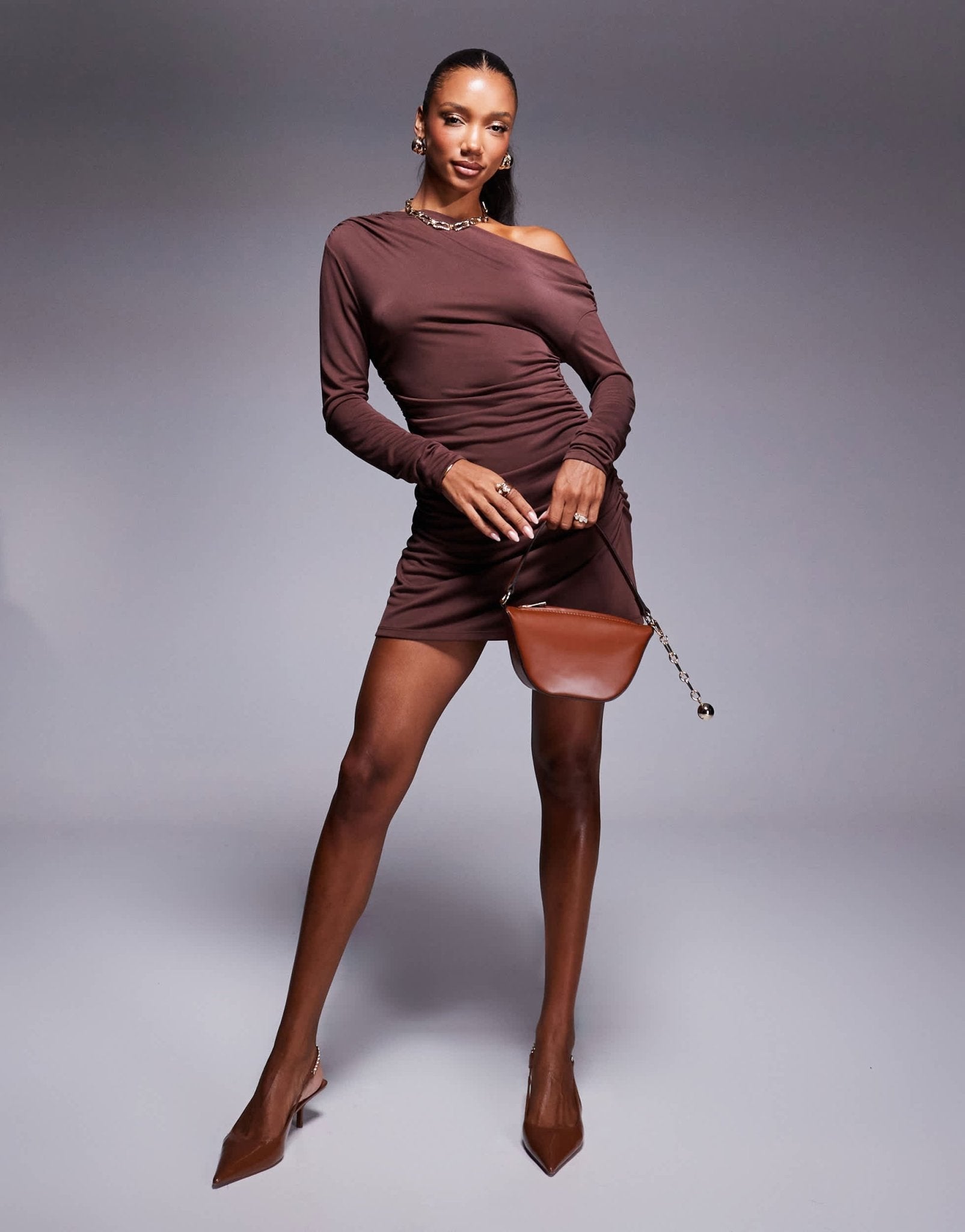 ASOS DESIGN modal fallen shoulder ruched mini dress in chocolate - ASOS Sample Sale