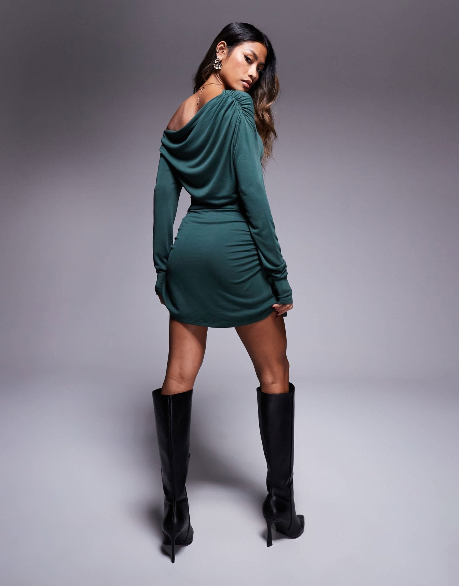 ASOS DESIGN modal fallen shoulder ruched mini dress in forest green - ASOS Sample Sale