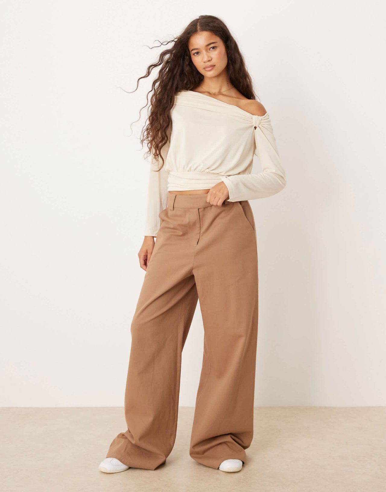 ASOS DESIGN modal long sleeve top with bubble hem & knot detail in cream - ASOS Sample Sale