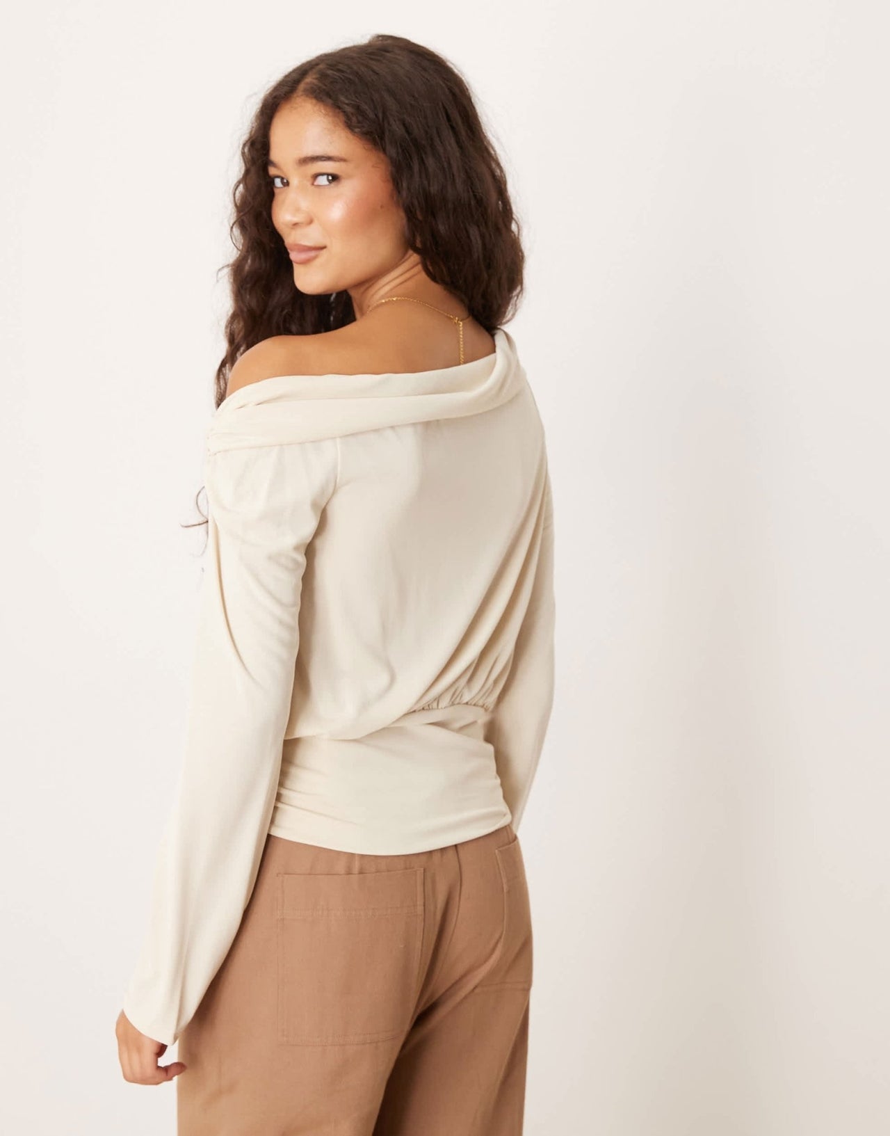 ASOS DESIGN modal long sleeve top with bubble hem & knot detail in cream - ASOS Sample Sale