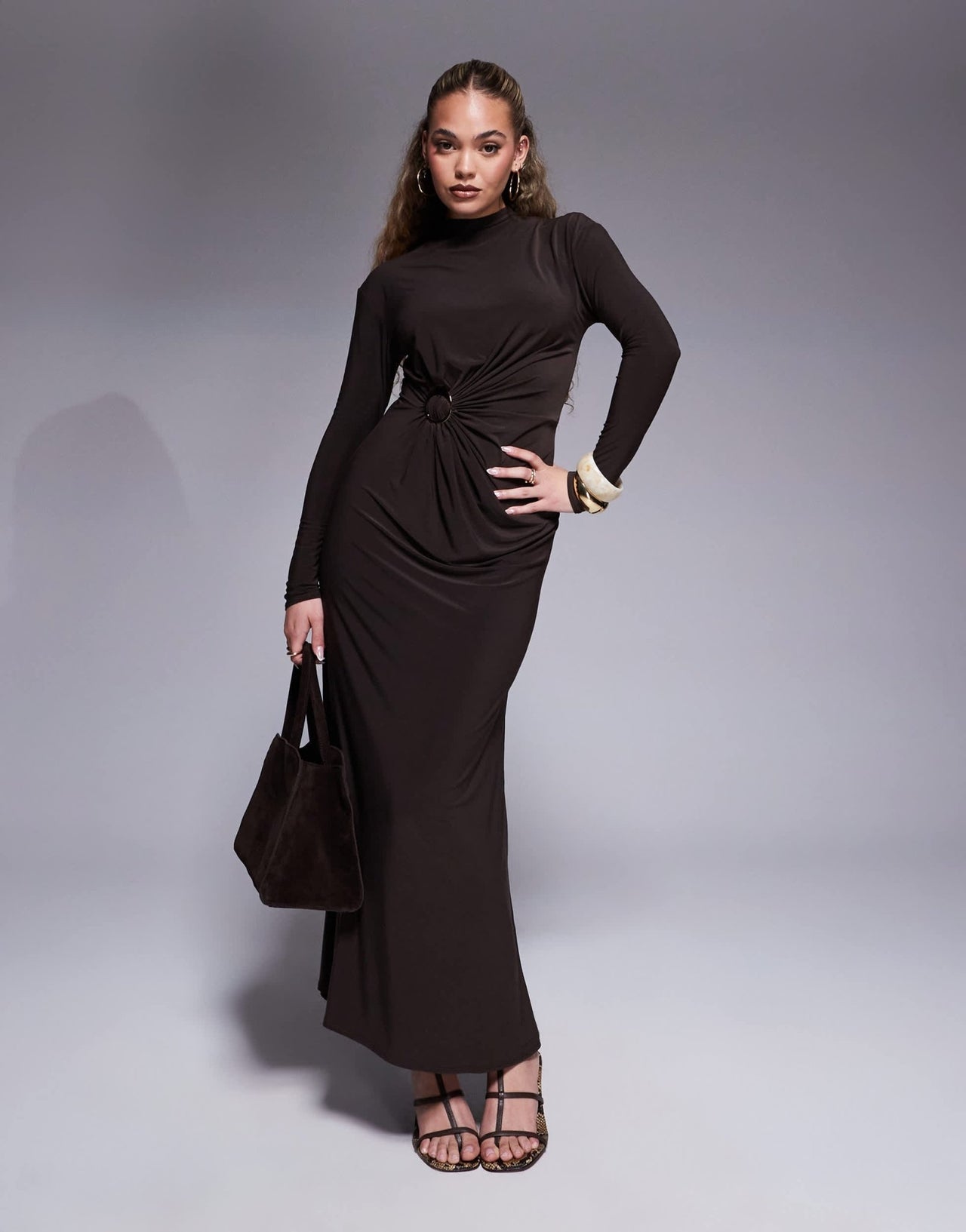 ASOS DESIGN modest long sleeve high neck drape maxi dress with gold hardware trim - ASOS Sample Sale