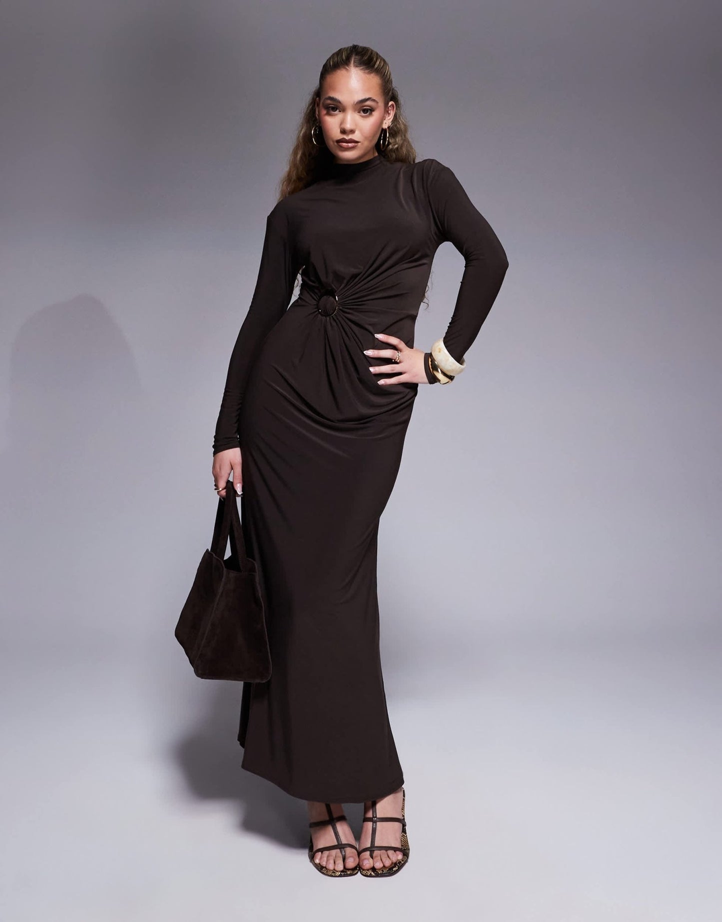 ASOS DESIGN modest long sleeve high neck drape maxi dress with gold hardware trim - ASOS Sample Sale