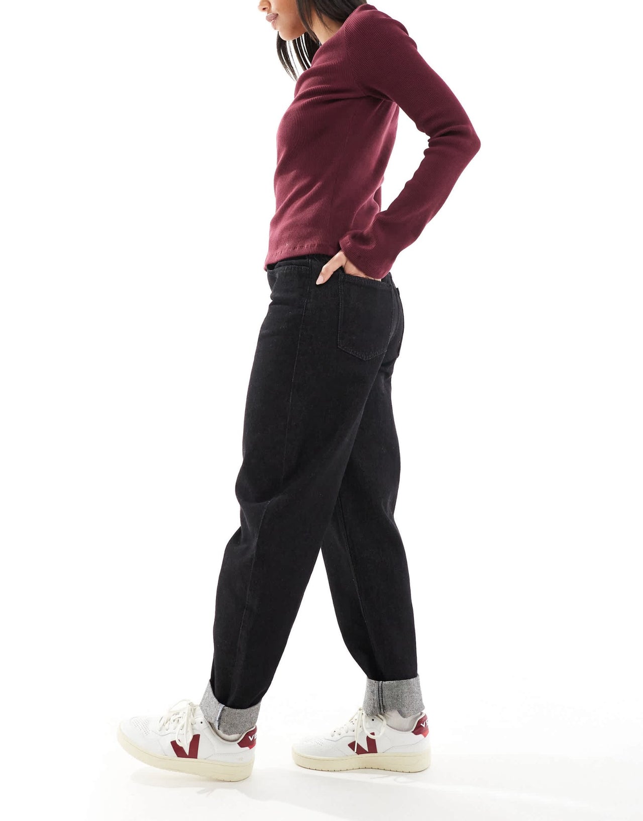 ASOS DESIGN mom jean with contrast stitching in black ecru - ASOS Sample Sale