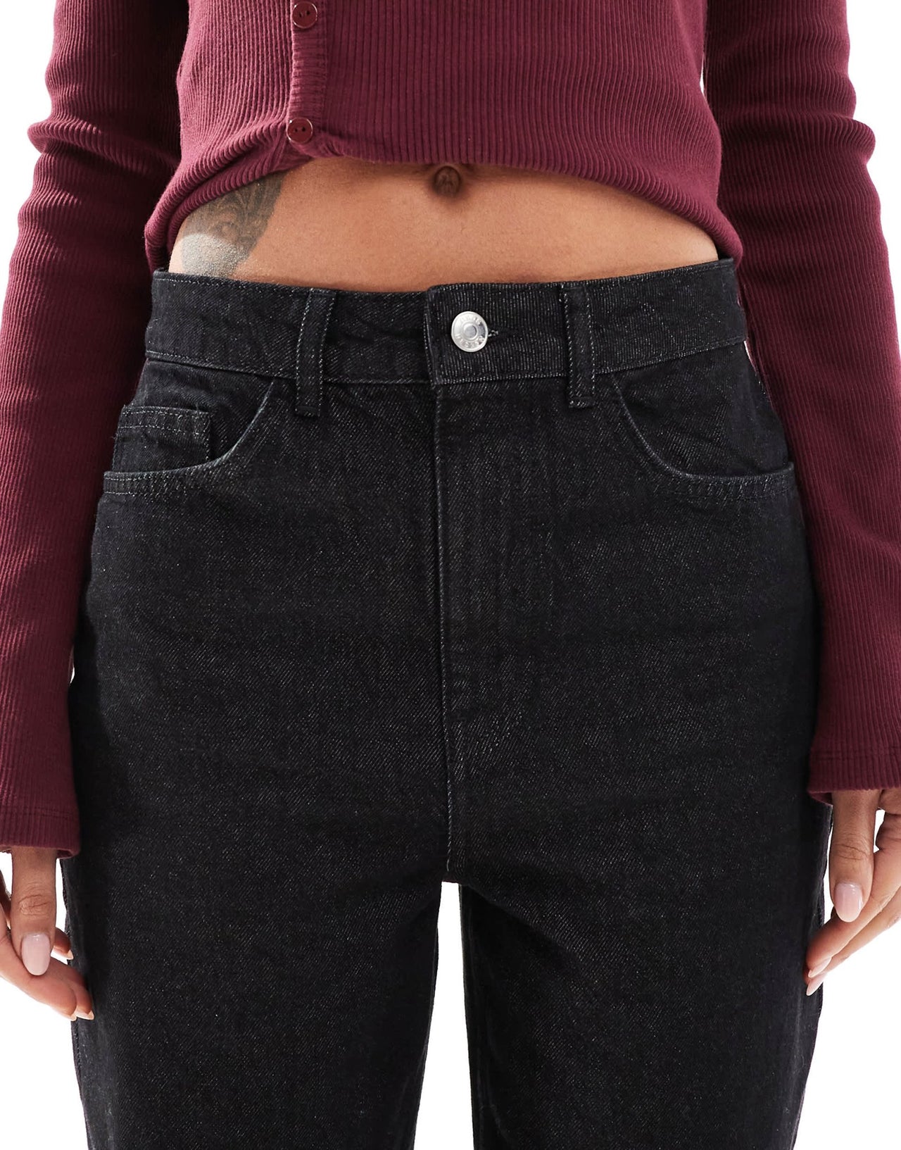 ASOS DESIGN mom jean with contrast stitching in black ecru - ASOS Sample Sale
