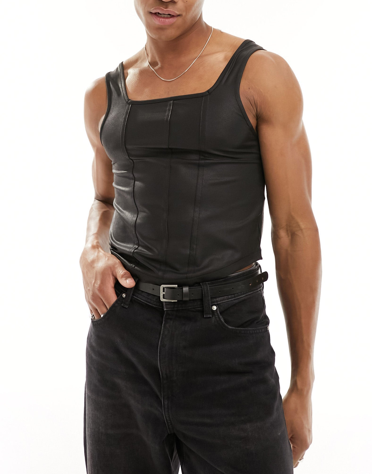 ASOS DESIGN muscle fit corset vest in black faux leather - ASOS Sample Sale