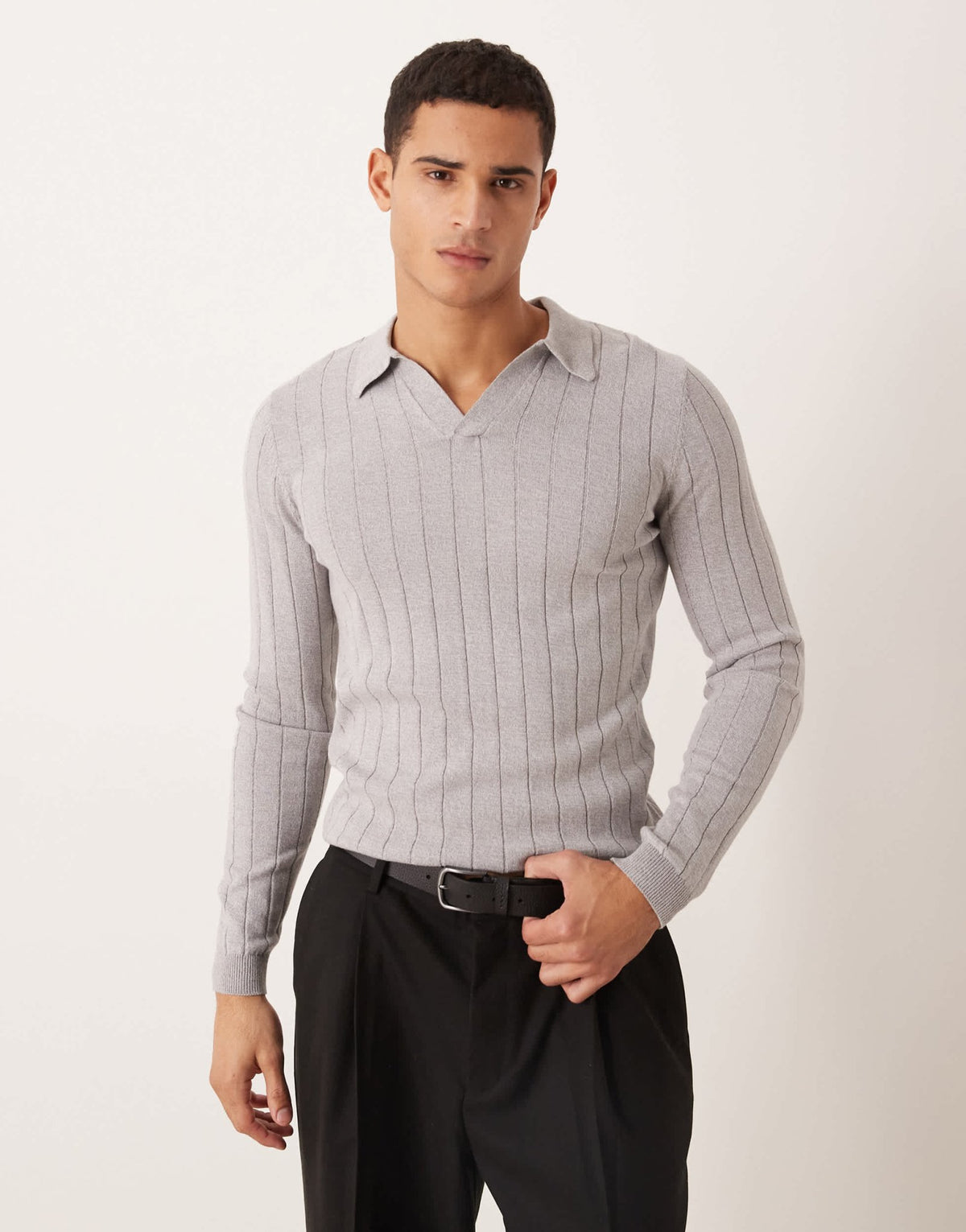 ASOS DESIGN muscle fit long sleeve knitted rib notch neck polo in light grey marl - ASOS Sample Sale