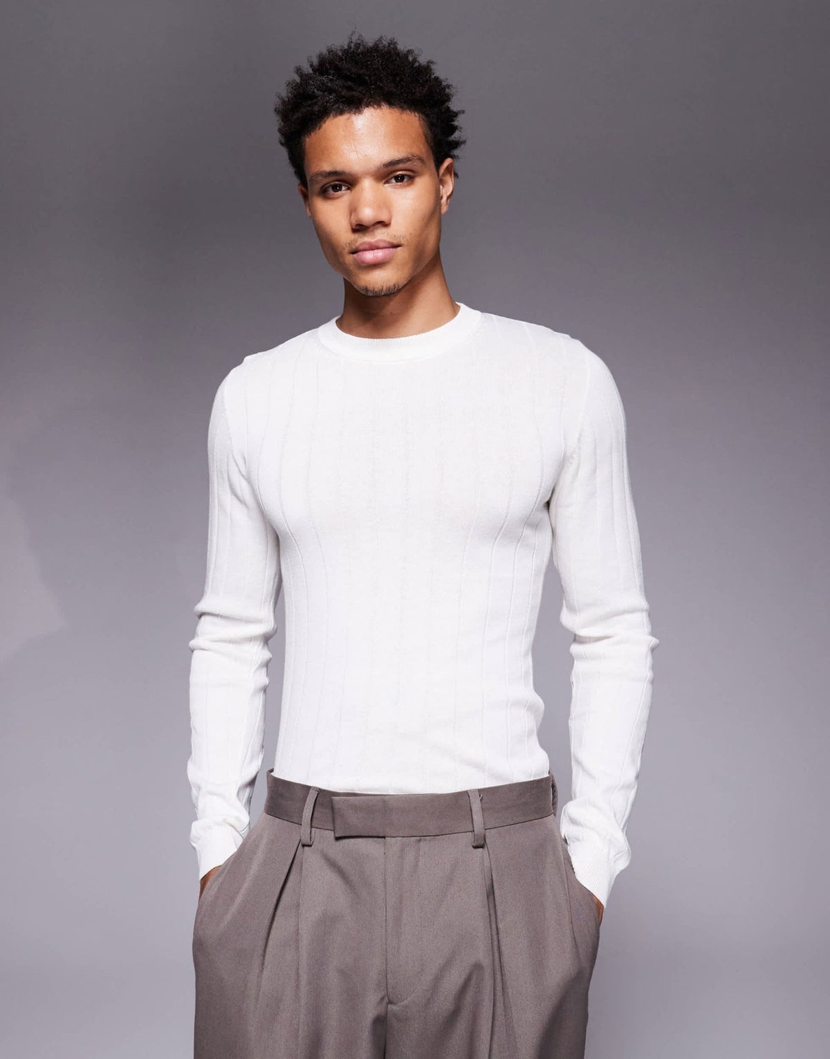 ASOS DESIGN muscle fit long sleeve knitted rib t-shirt in off white - ASOS Sample Sale