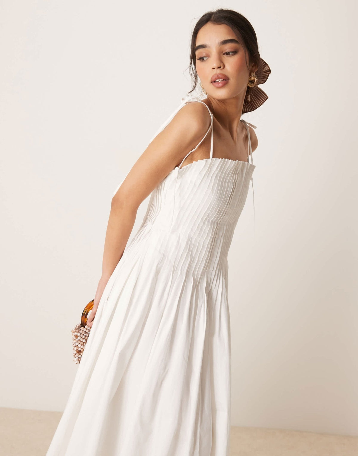 ASOS DESIGN narrow pintuck bodice dress with tie straps in white - ASOS Sample Sale