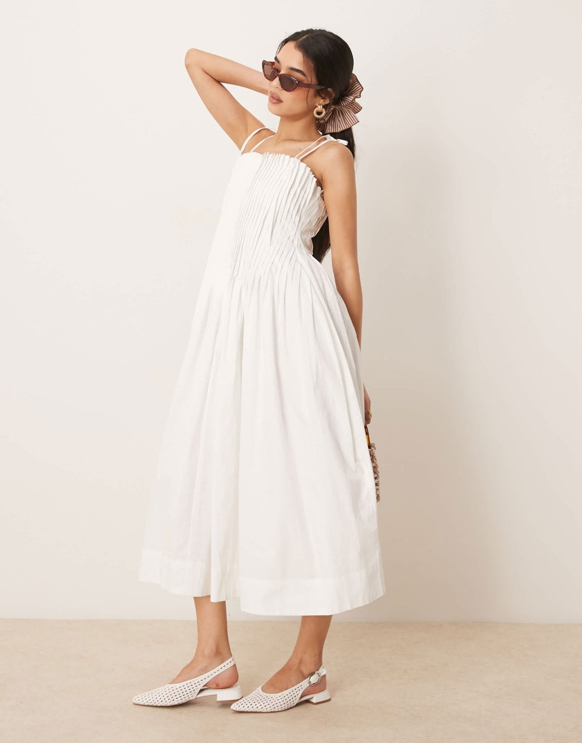 ASOS DESIGN narrow pintuck bodice dress with tie straps in white - ASOS Sample Sale