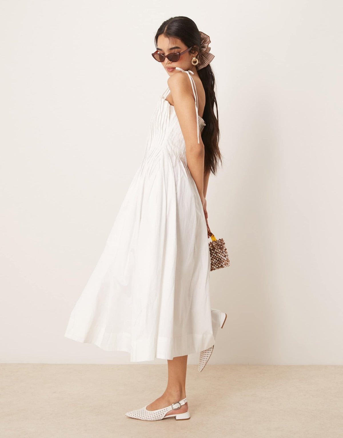 ASOS DESIGN narrow pintuck bodice dress with tie straps in white - ASOS Sample Sale