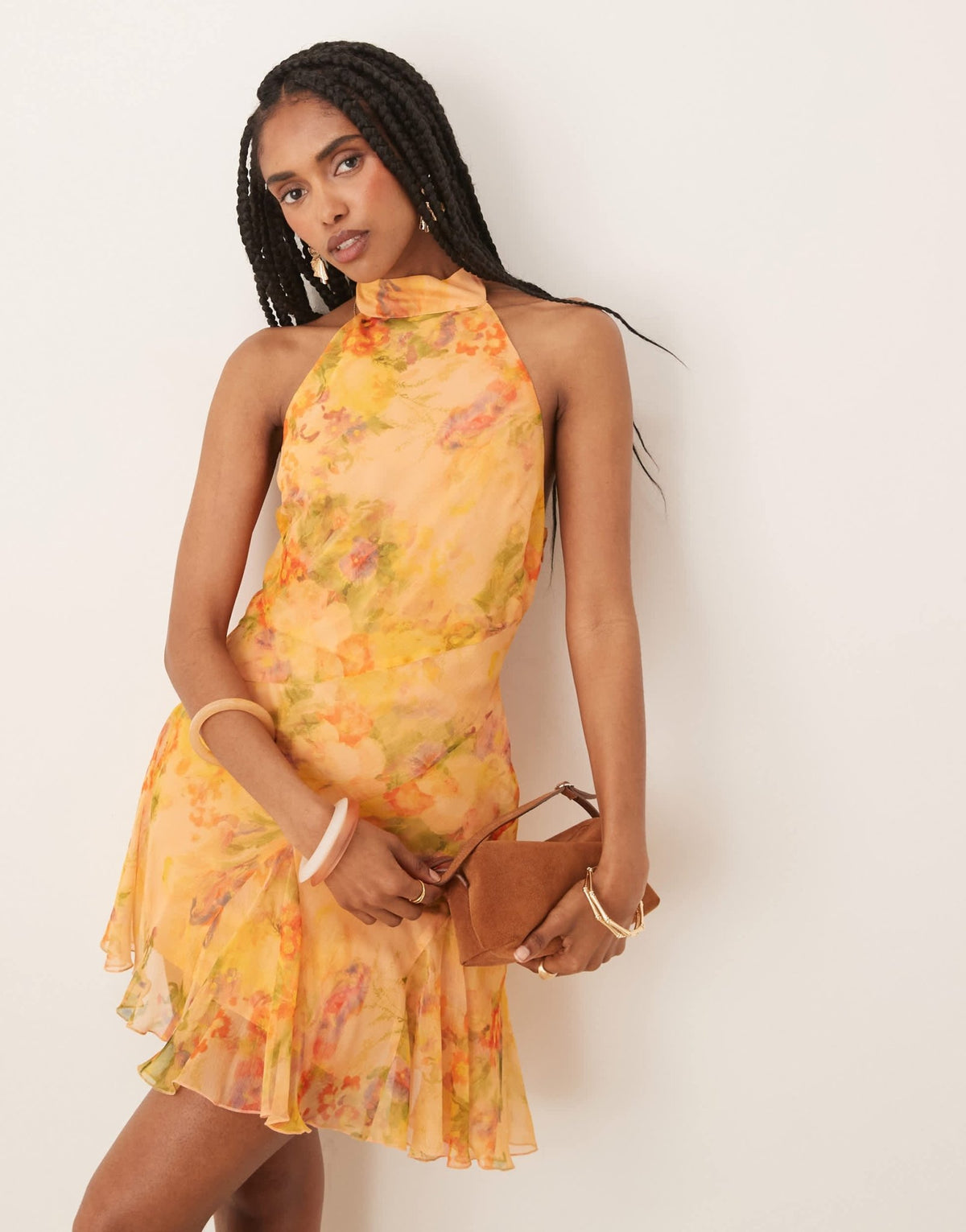 ASOS DESIGN neck tie godet hem chiffon mini dress in orange floral print - ASOS Sample Sale