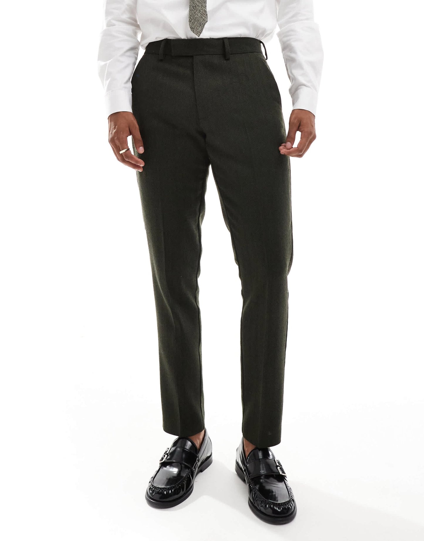 ASOS DESIGN new skinny suit trousers in wool blend olive green herringbone - ASOS Sample Sale