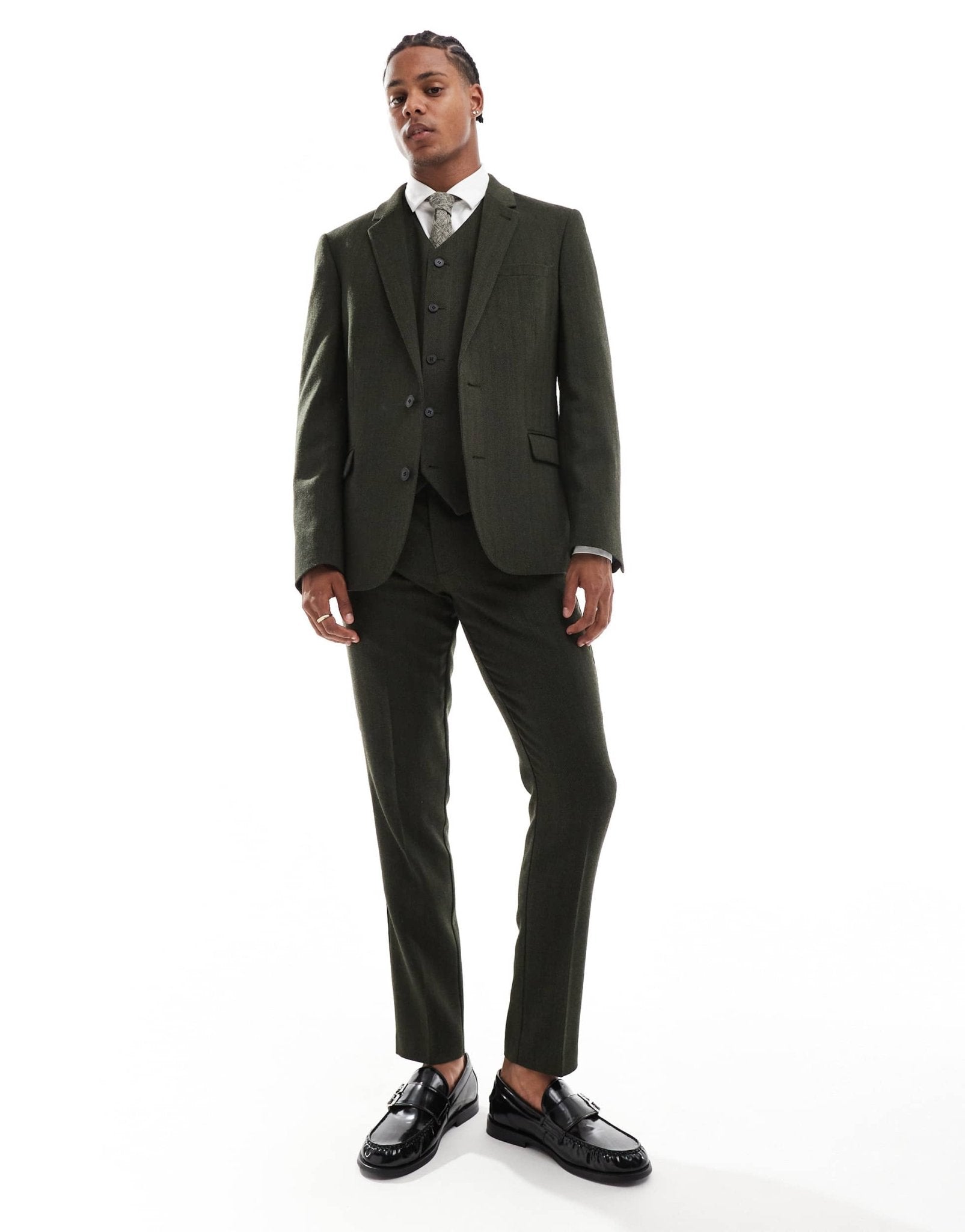 ASOS DESIGN new skinny suit trousers in wool blend olive green herringbone - ASOS Sample Sale