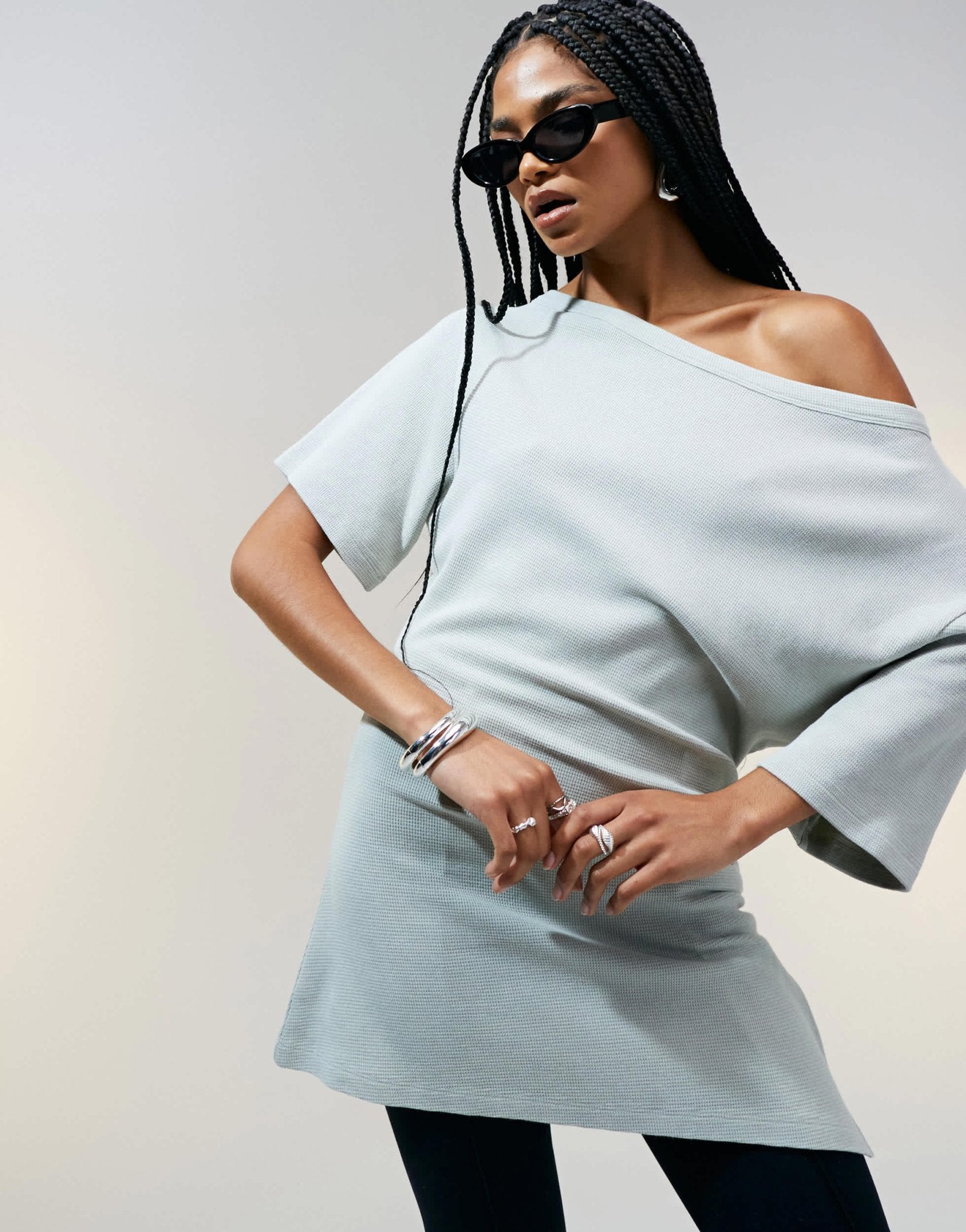 ASOS DESIGN off shoulder cinched waist waffle t-shirt in washed sage - ASOS Sample Sale