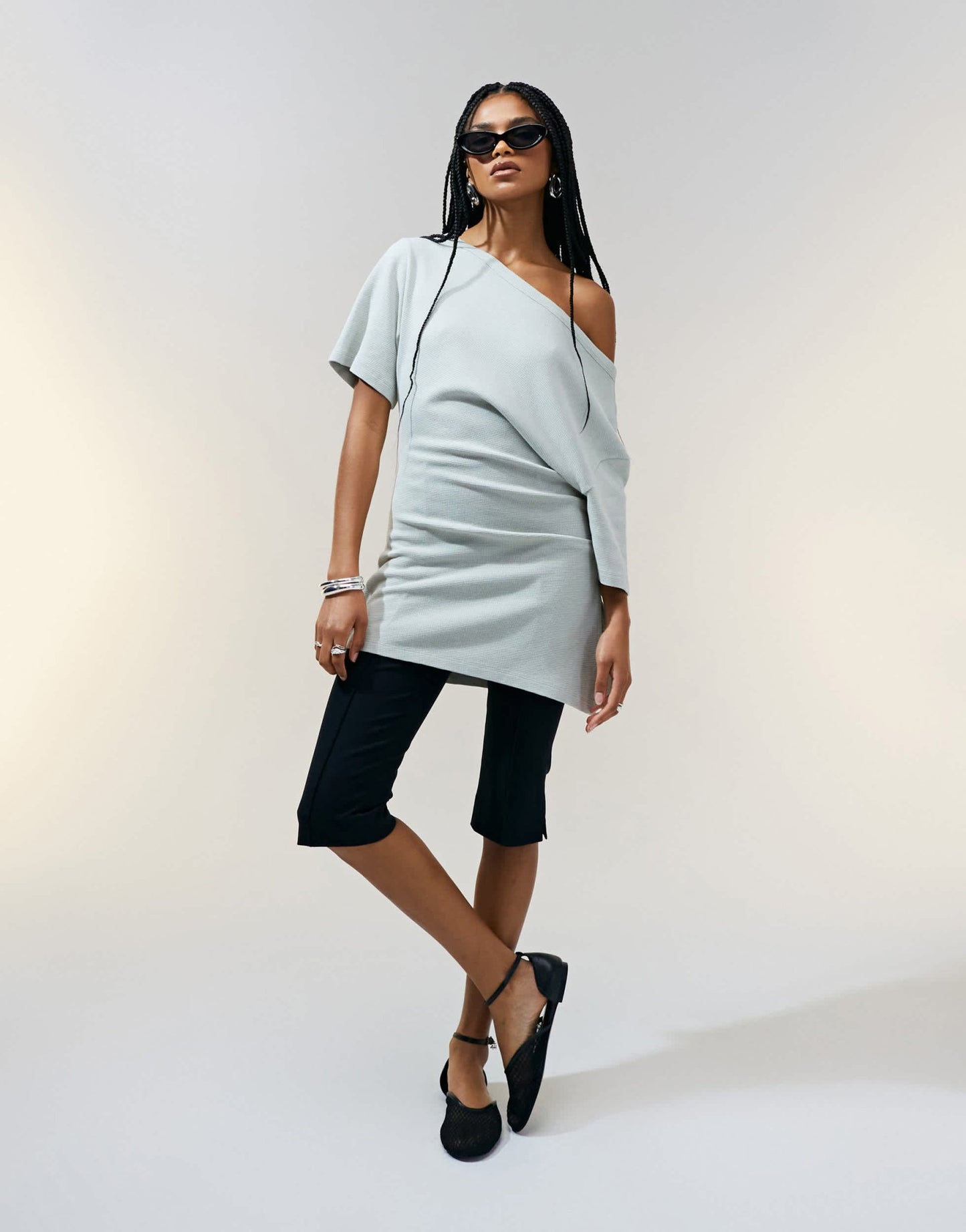 ASOS DESIGN off shoulder cinched waist waffle t-shirt in washed sage - ASOS Sample Sale