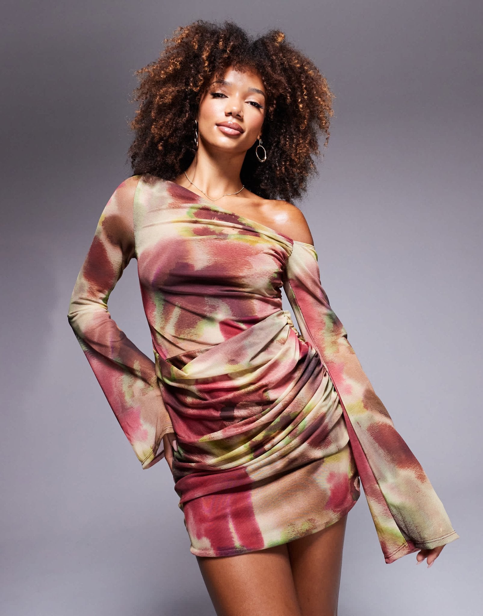 ASOS DESIGN off shoulder mesh mini dress with ruffle flute sleeve in blurred pink print - ASOS Sample Sale