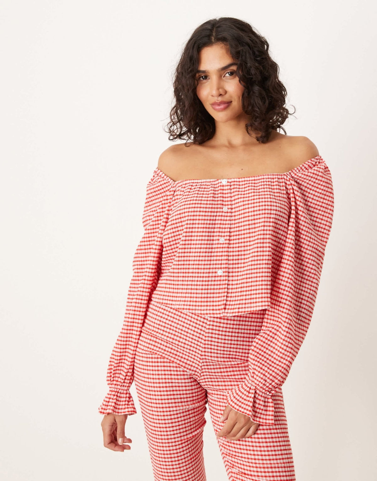 ASOS DESIGN off shoulder milk maid top co-ord in red gingham - ASOS Sample Sale