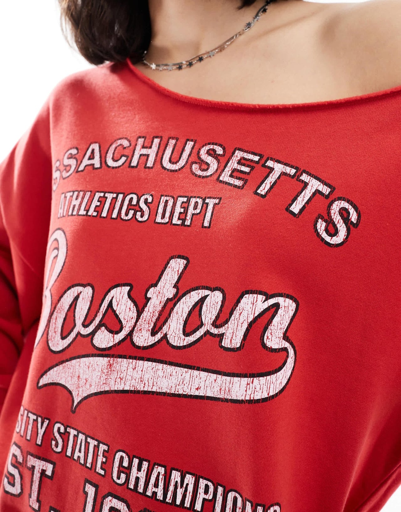 ASOS DESIGN Off shoulder sweatshirt with Boston graphic in red - ASOS Sample Sale