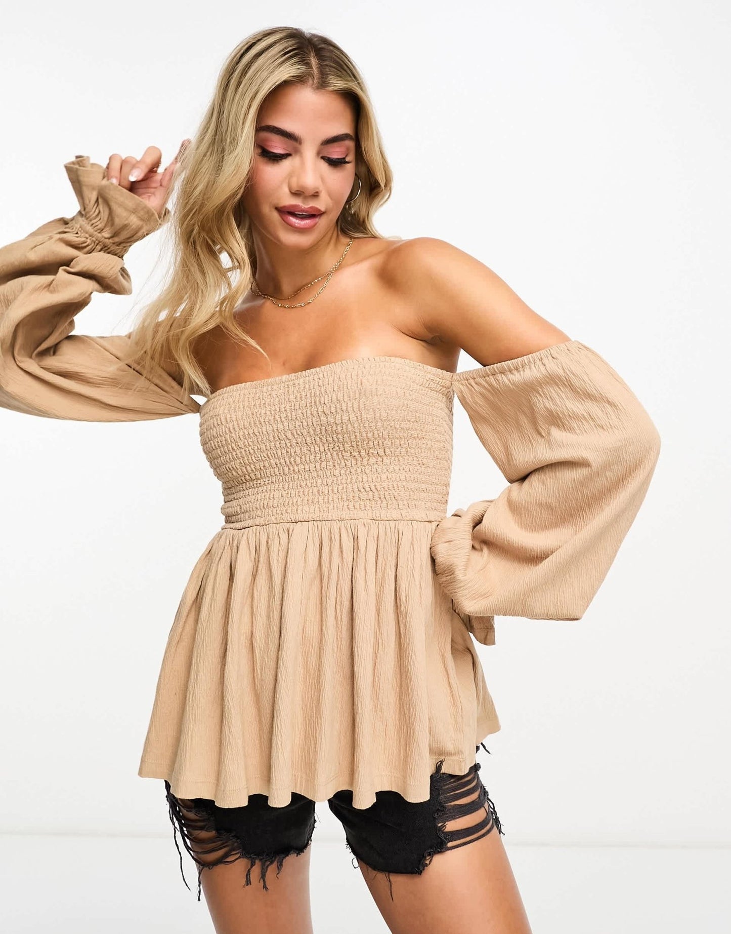 ASOS DESIGN off shoulder textured blouse in stone - ASOS Sample Sale