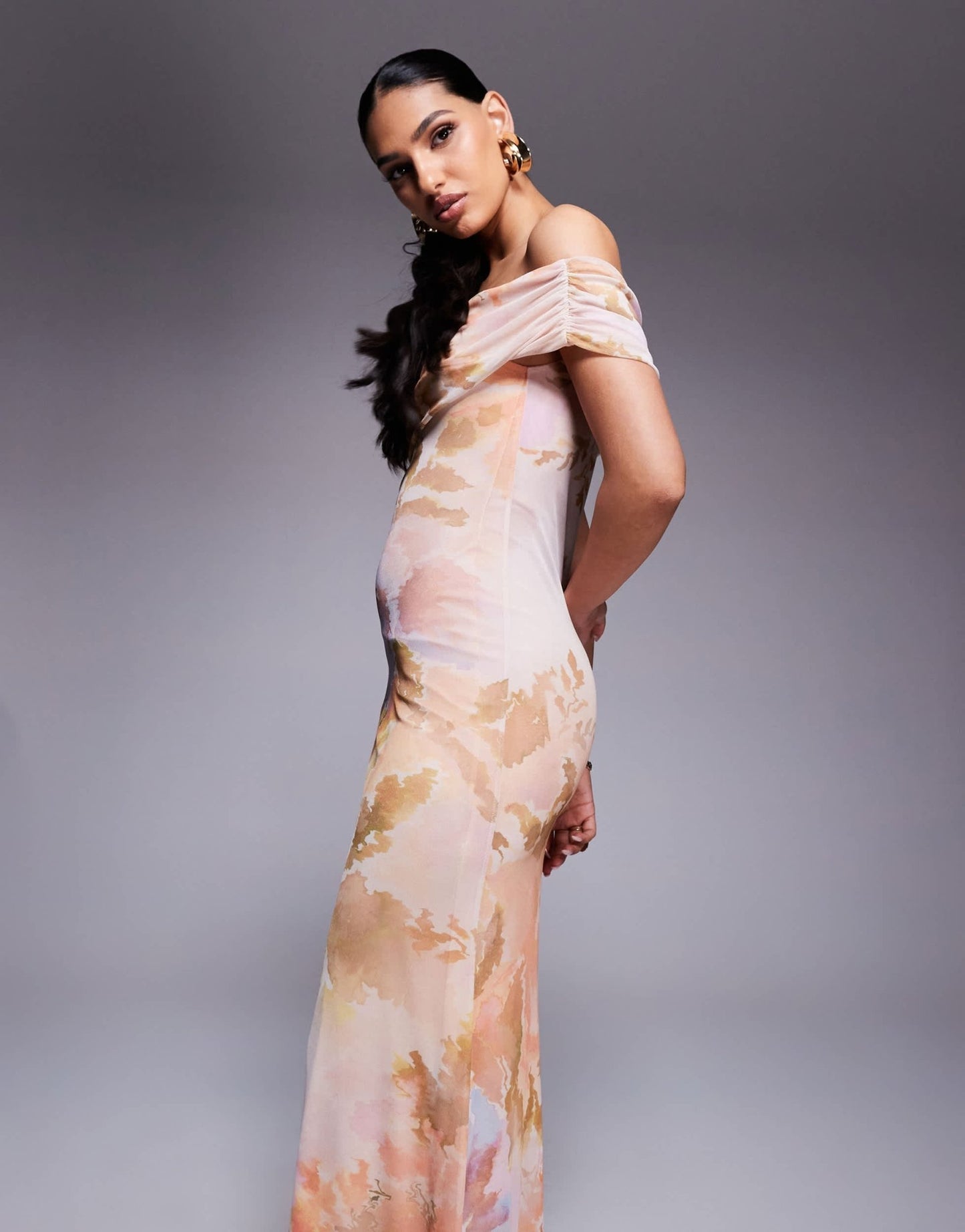 ASOS DESIGN one cami strap with asymmetric bardot mesh maxi dress in floral print - ASOS Sample Sale