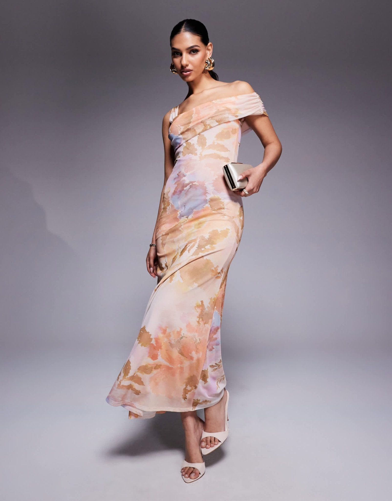 ASOS DESIGN one cami strap with asymmetric bardot mesh maxi dress in floral print - ASOS Sample Sale