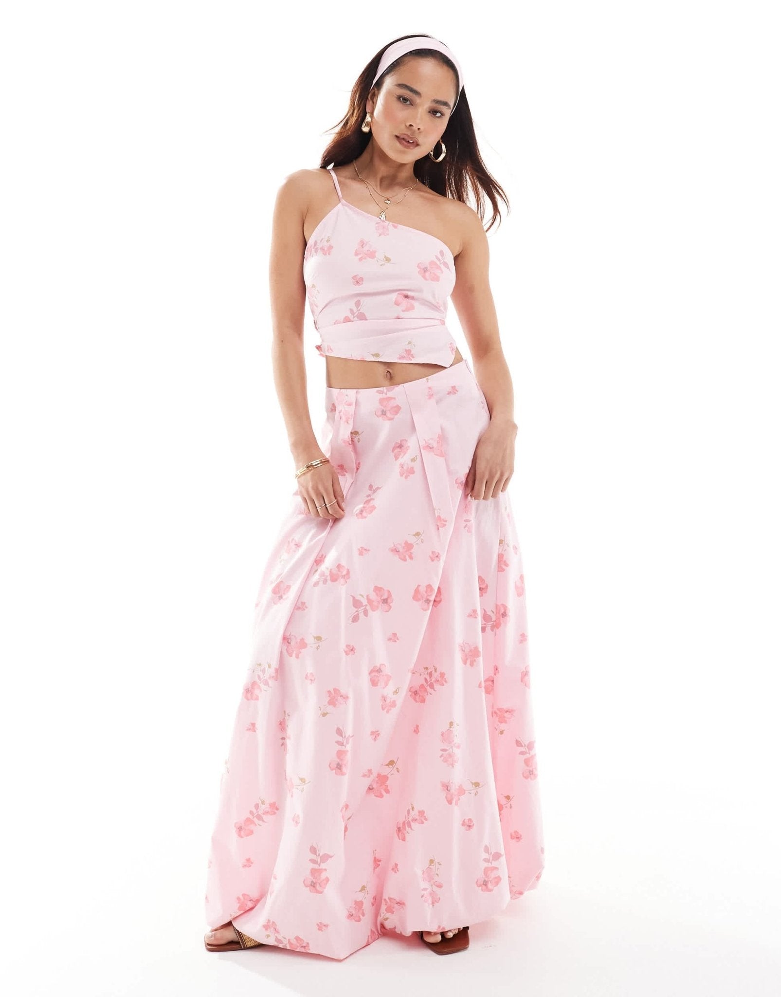 ASOS DESIGN one shoulder asymmetric co - ord top in pink floral print - ASOS Sample Sale