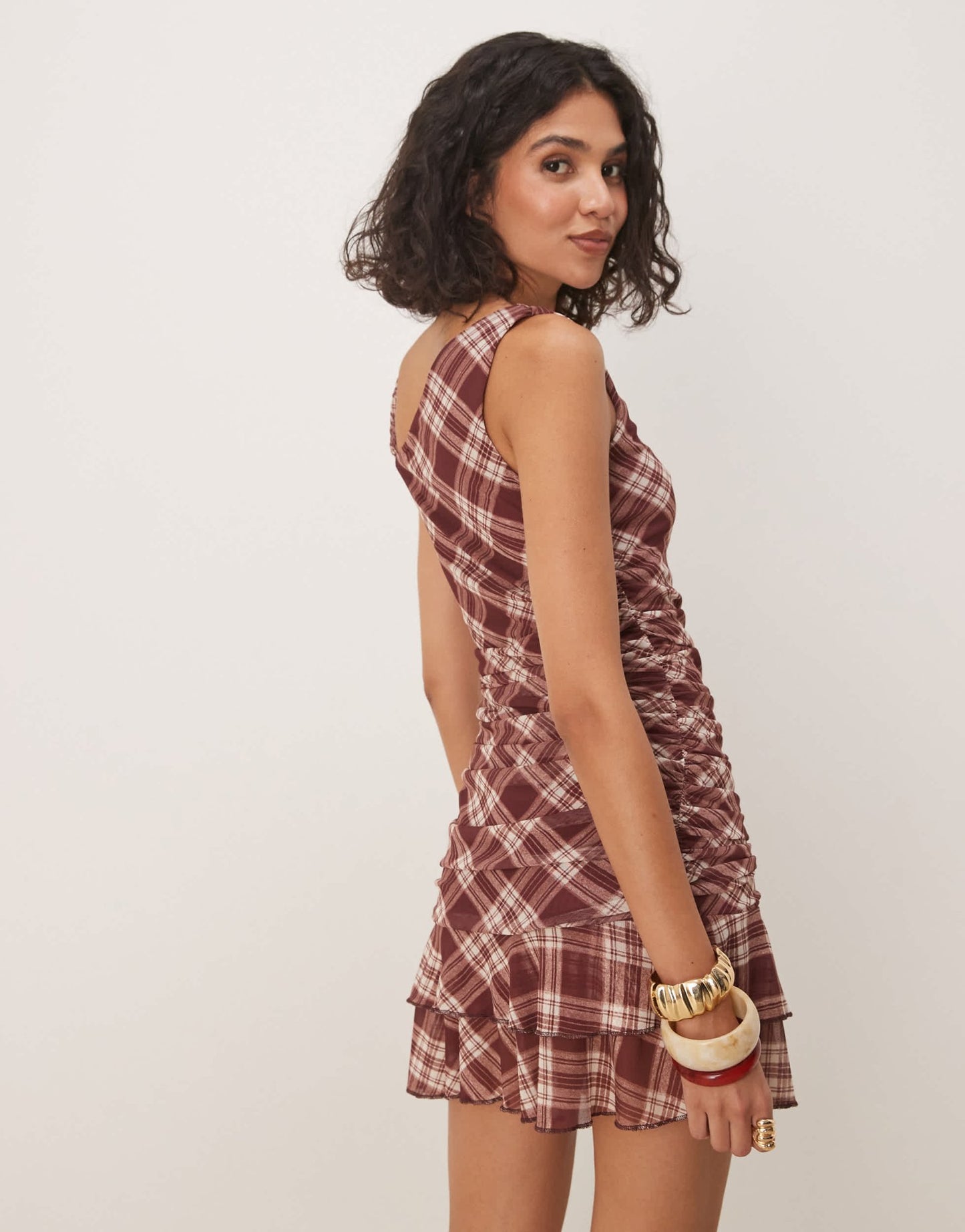 ASOS DESIGN one shoulder asymmetric twist strap mini dress in burgundy check - ASOS Sample Sale