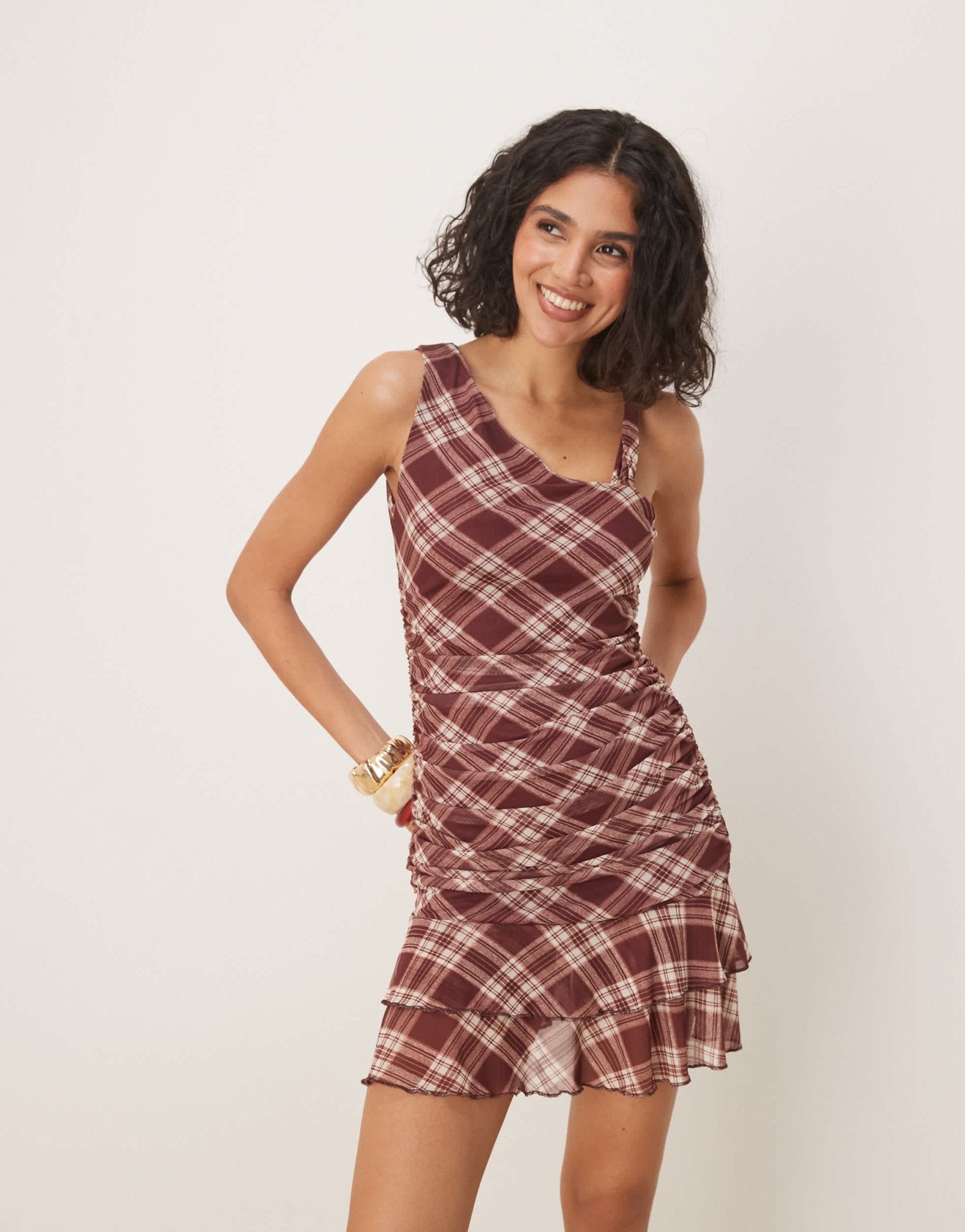 ASOS DESIGN one shoulder asymmetric twist strap mini dress in burgundy check - ASOS Sample Sale