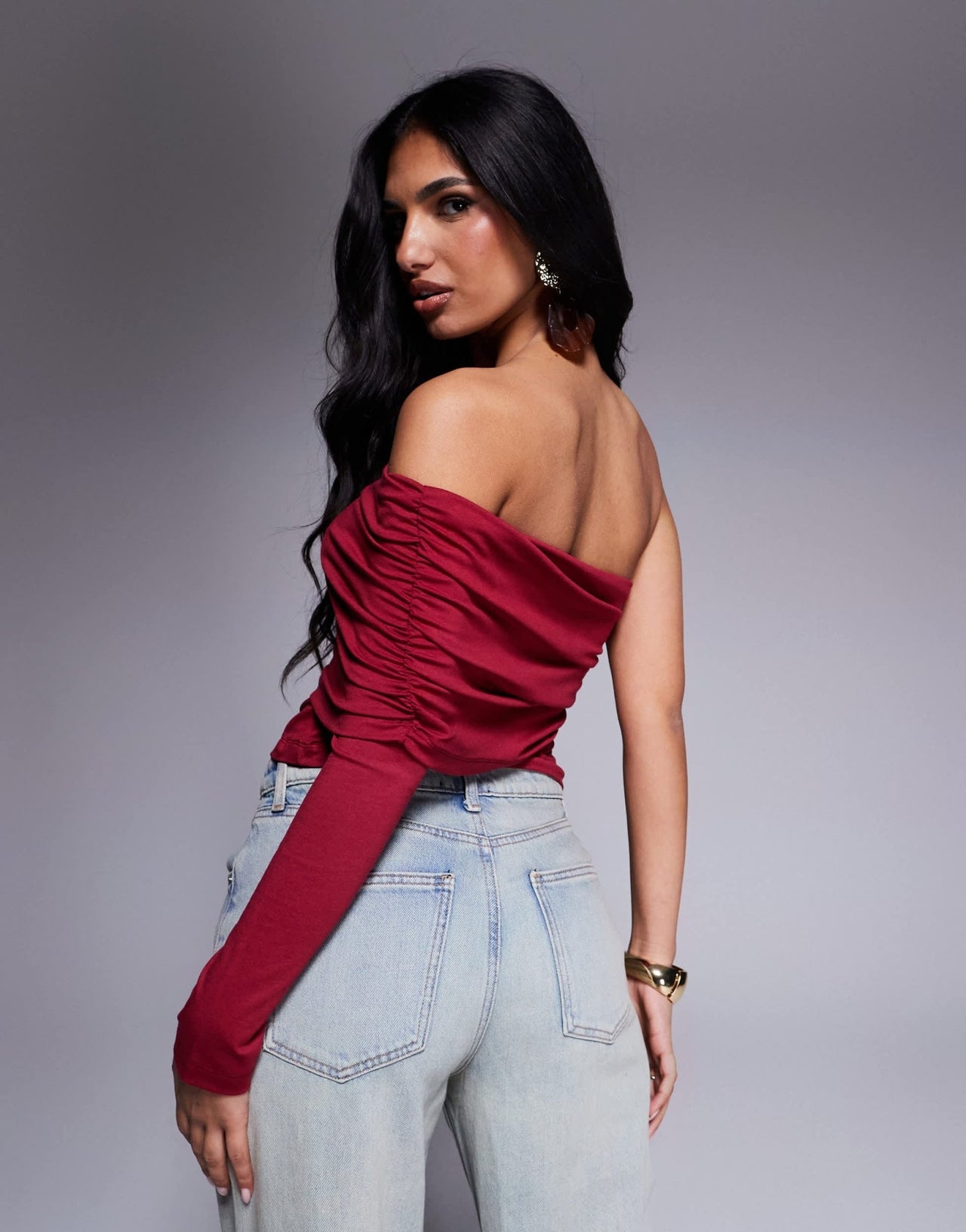 ASOS DESIGN one shoulder bardot top in berry - ASOS Sample Sale