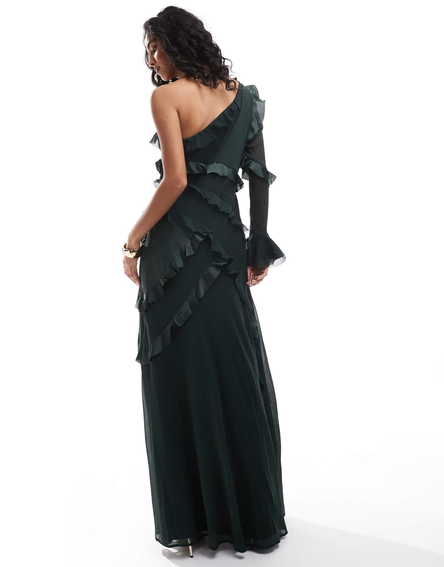 ASOS DESIGN one shoulder bias cut ruffle satin chiffon mix maxi dress in forest green - ASOS Sample Sale