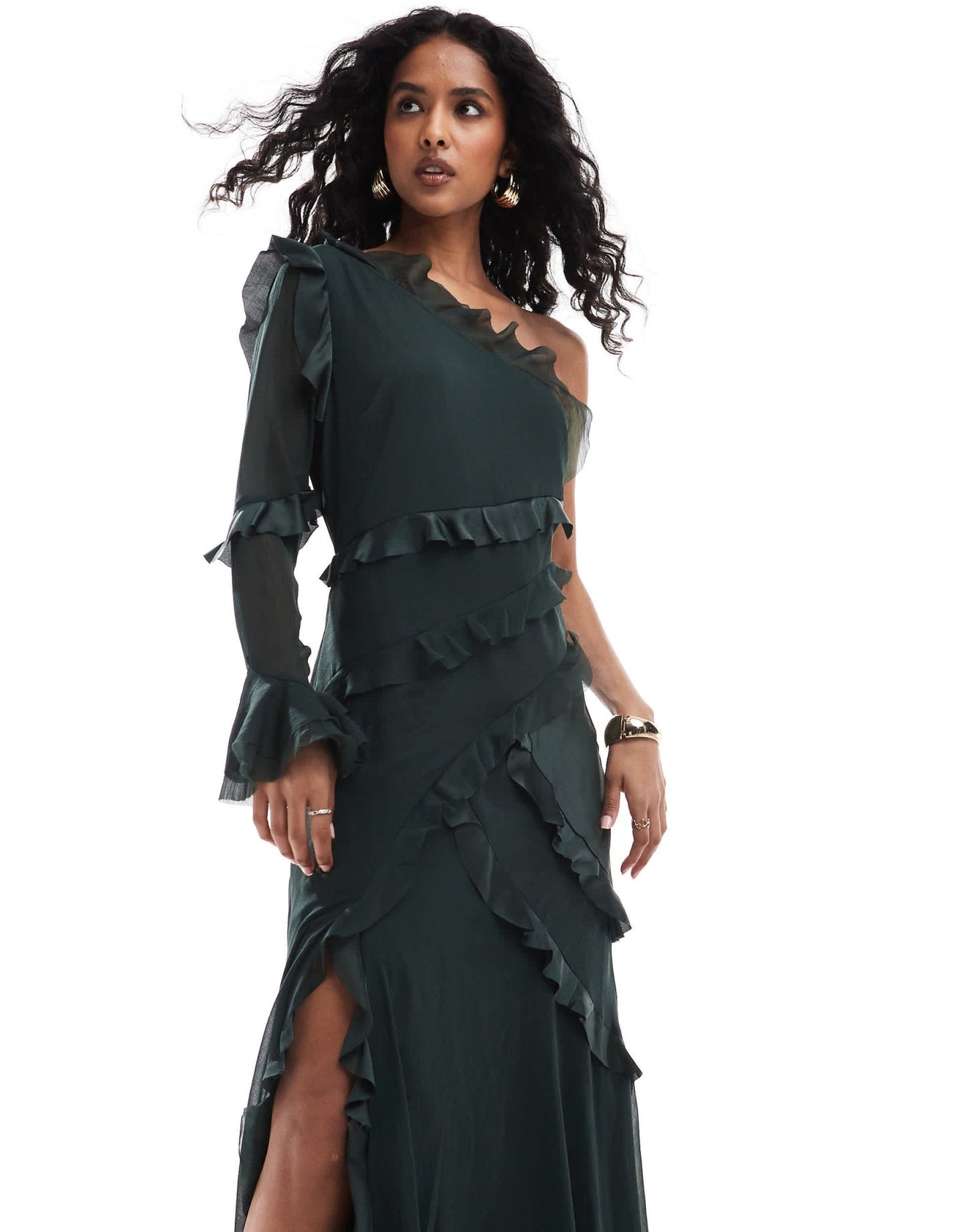 ASOS DESIGN one shoulder bias cut ruffle satin chiffon mix maxi dress in forest green - ASOS Sample Sale