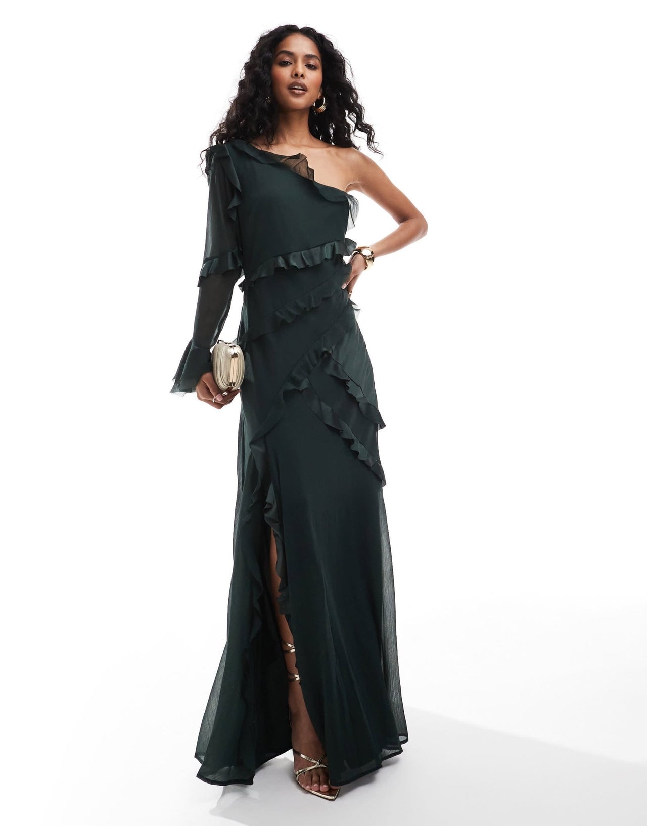ASOS DESIGN one shoulder bias cut ruffle satin chiffon mix maxi dress in forest green - ASOS Sample Sale