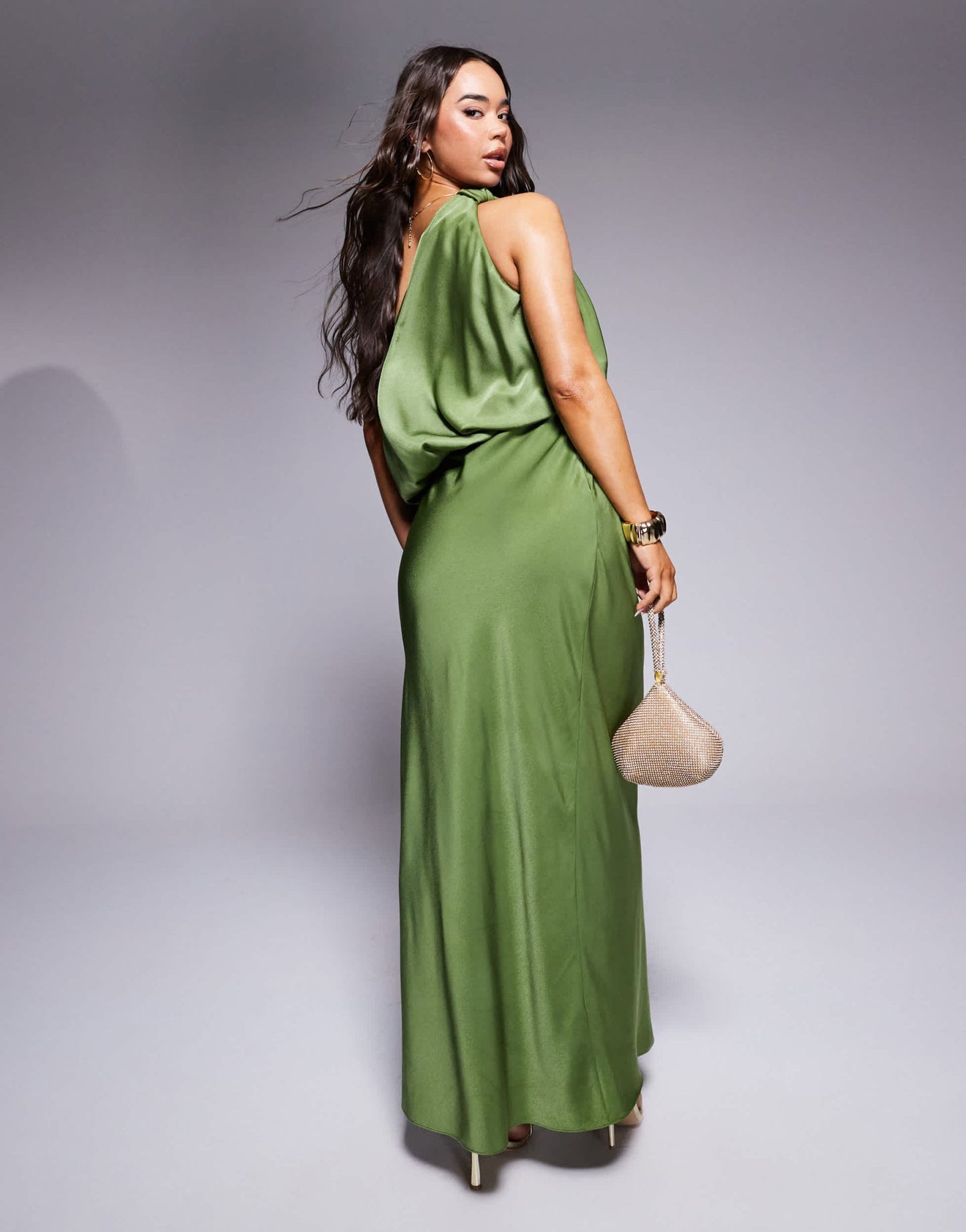 ASOS DESIGN one shoulder blouson satin maxi dress in green - ASOS Sample Sale
