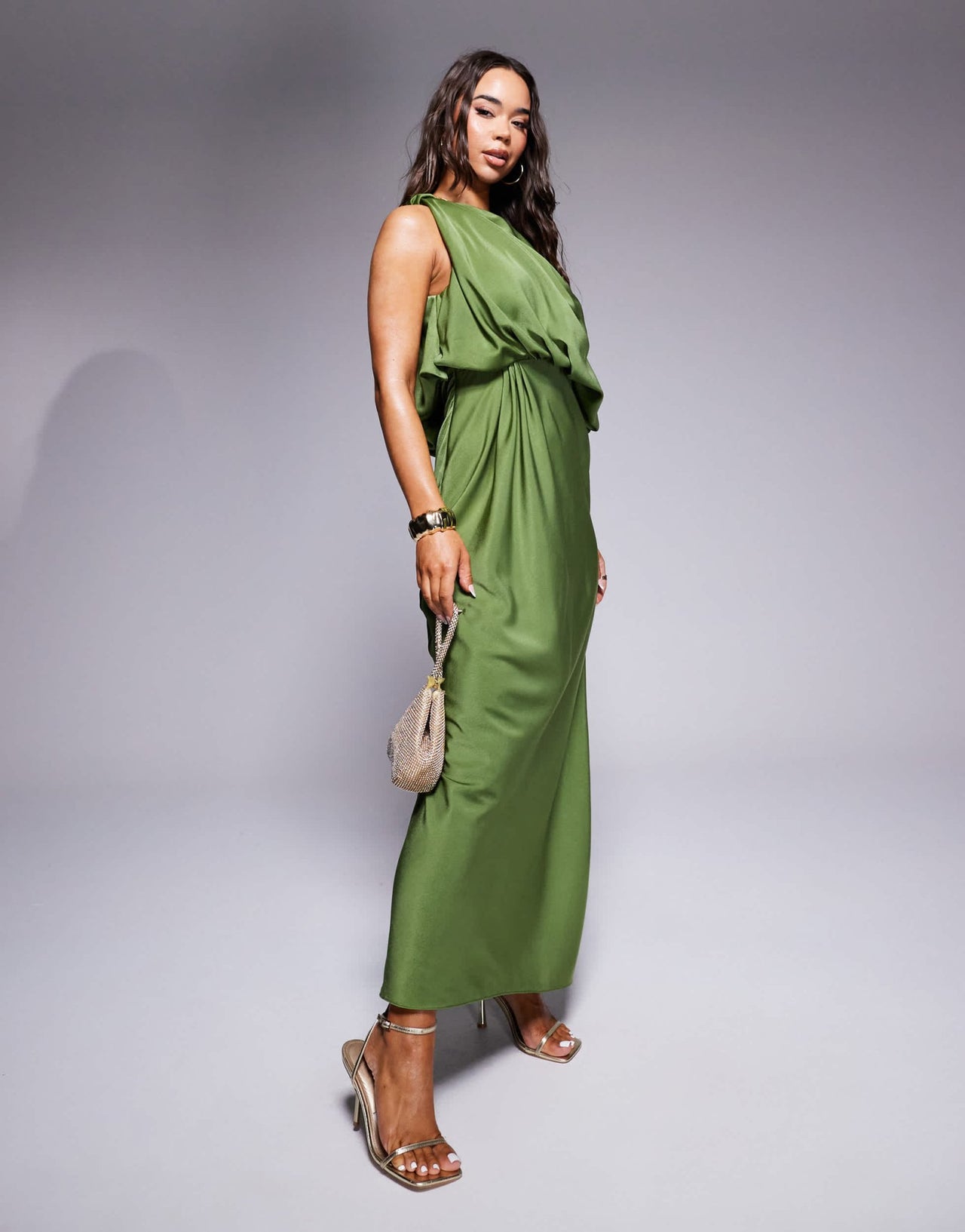 ASOS DESIGN one shoulder blouson satin maxi dress in green - ASOS Sample Sale