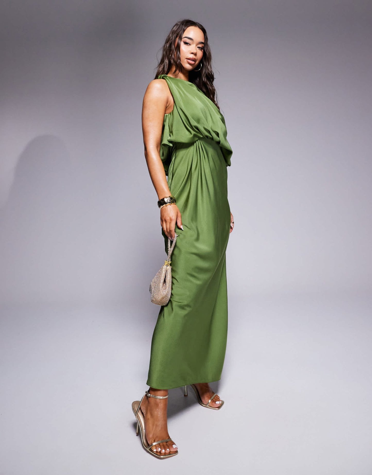 ASOS DESIGN one shoulder blouson satin maxi dress in green - ASOS Sample Sale