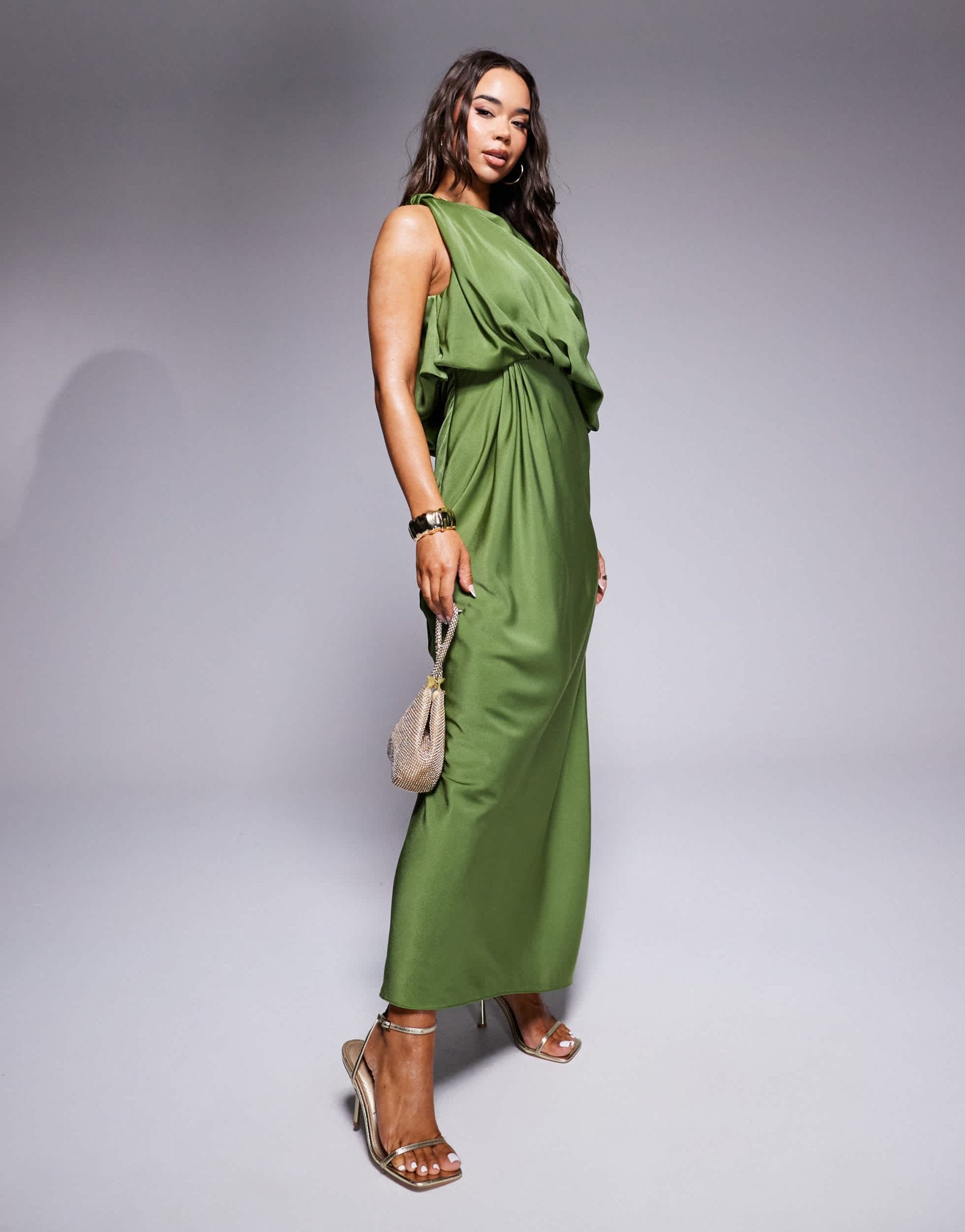 ASOS DESIGN one shoulder blouson satin maxi dress in green - ASOS Sample Sale