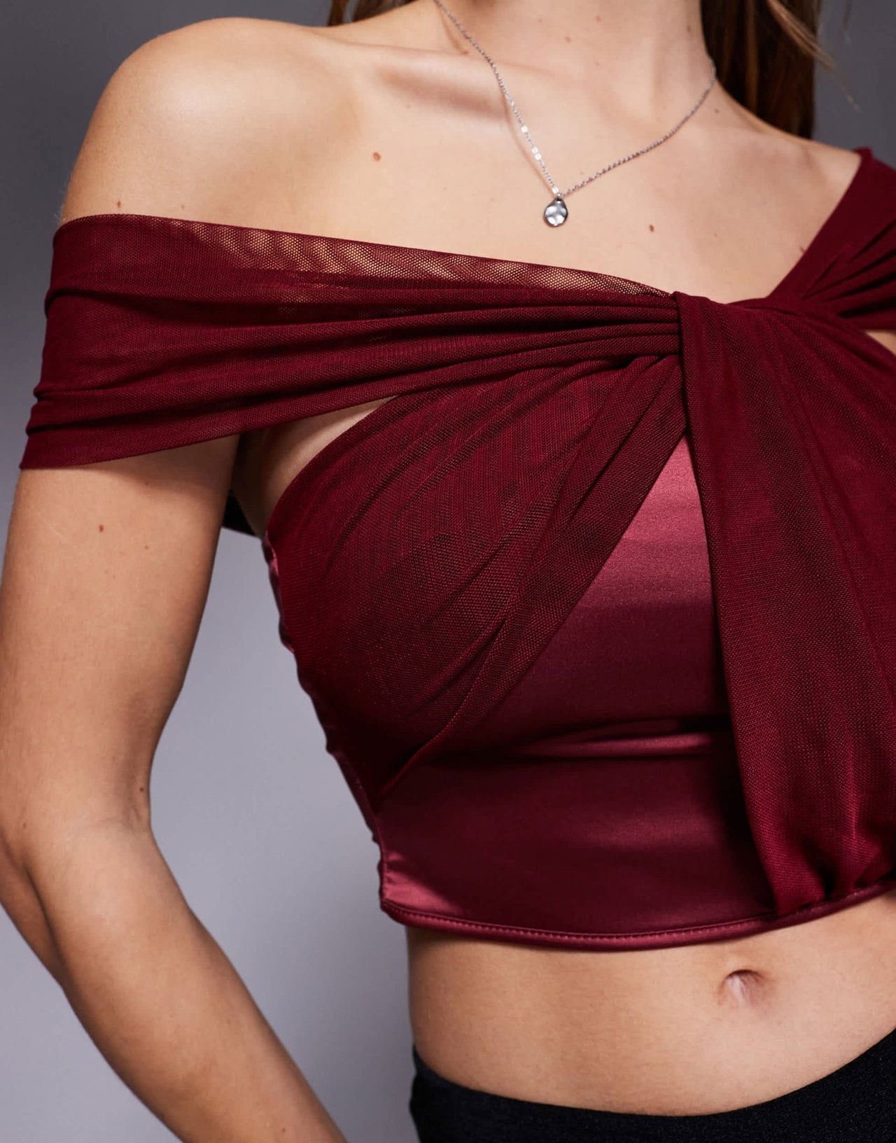 ASOS DESIGN one shoulder drape mesh and satin mix top in plum - ASOS Sample Sale