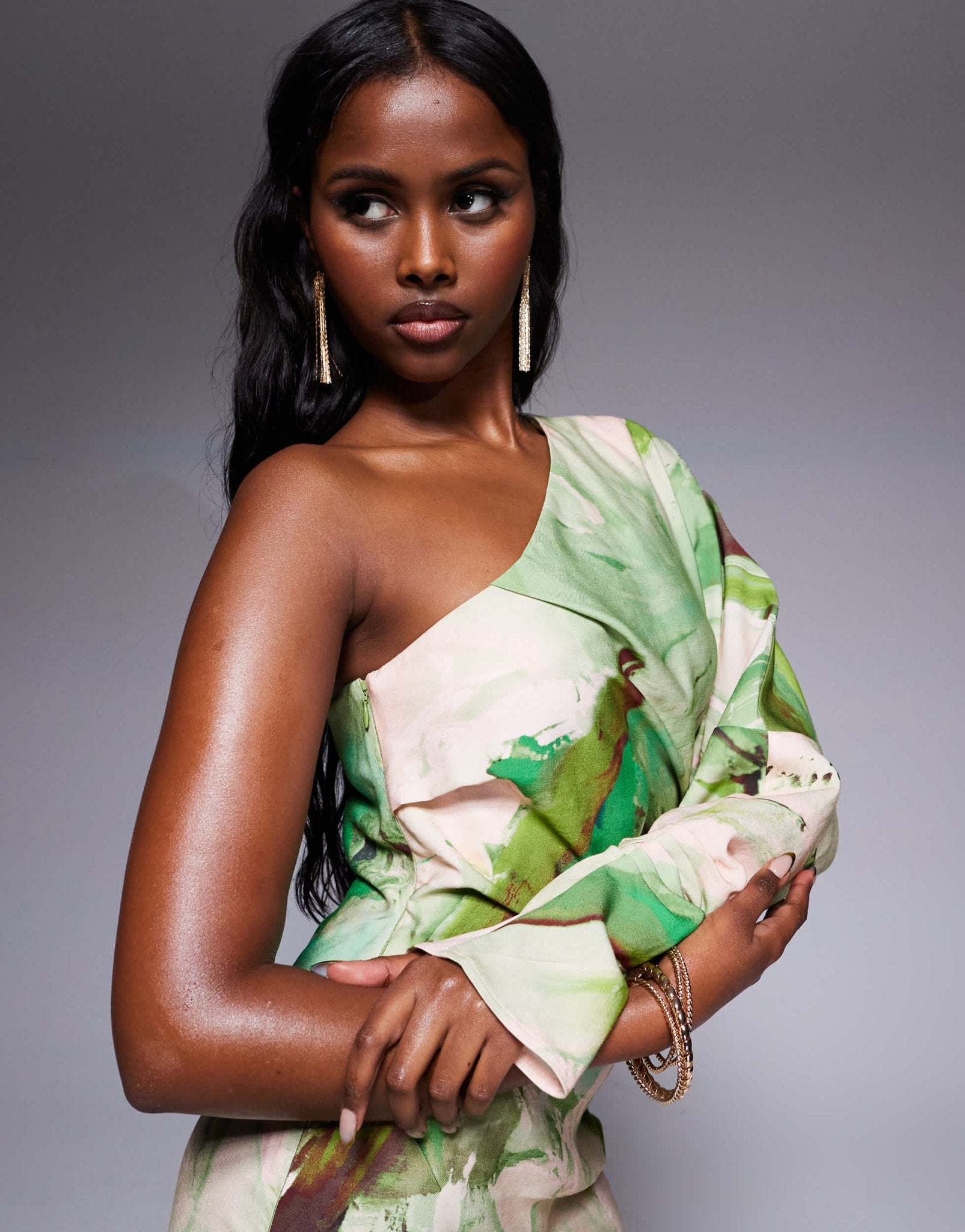 ASOS DESIGN one shoulder drape midaxi dress in green abstract - ASOS Sample Sale