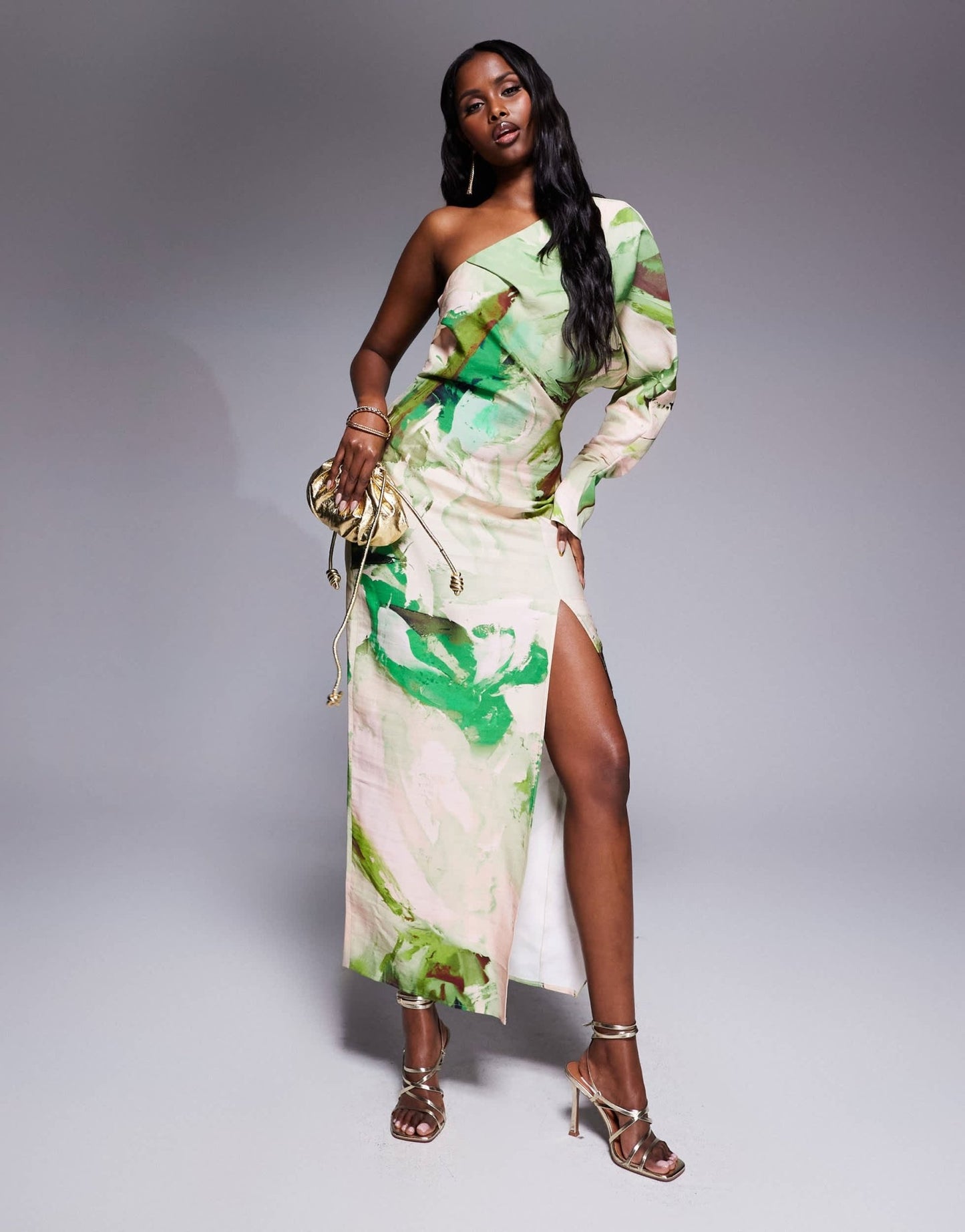 ASOS DESIGN one shoulder drape midaxi dress in green abstract - ASOS Sample Sale