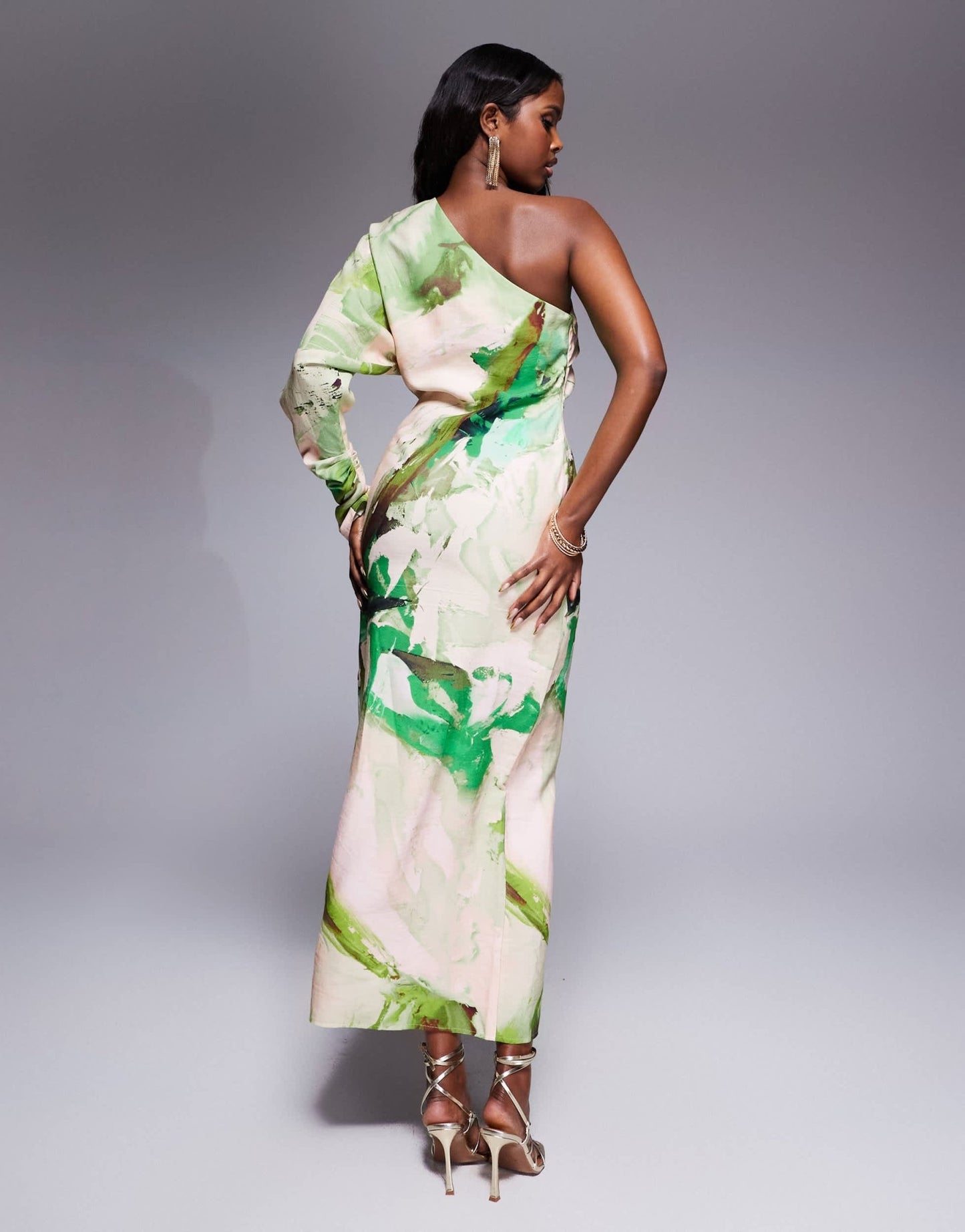 ASOS DESIGN one shoulder drape midaxi dress in green abstract - ASOS Sample Sale