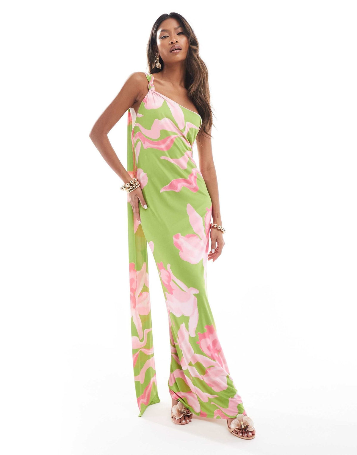 ASOS DESIGN one shoulder knot maxi dress with scarf back detail in oversized green floral print - ASOS Sample Sale