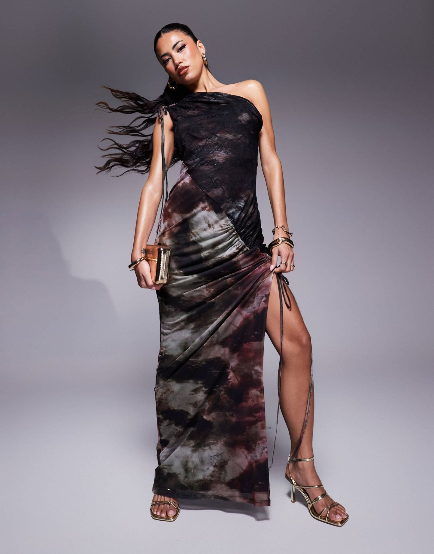 ASOS DESIGN one shoulder lace and mesh mix midi dress in purple abstract print - ASOS Sample Sale