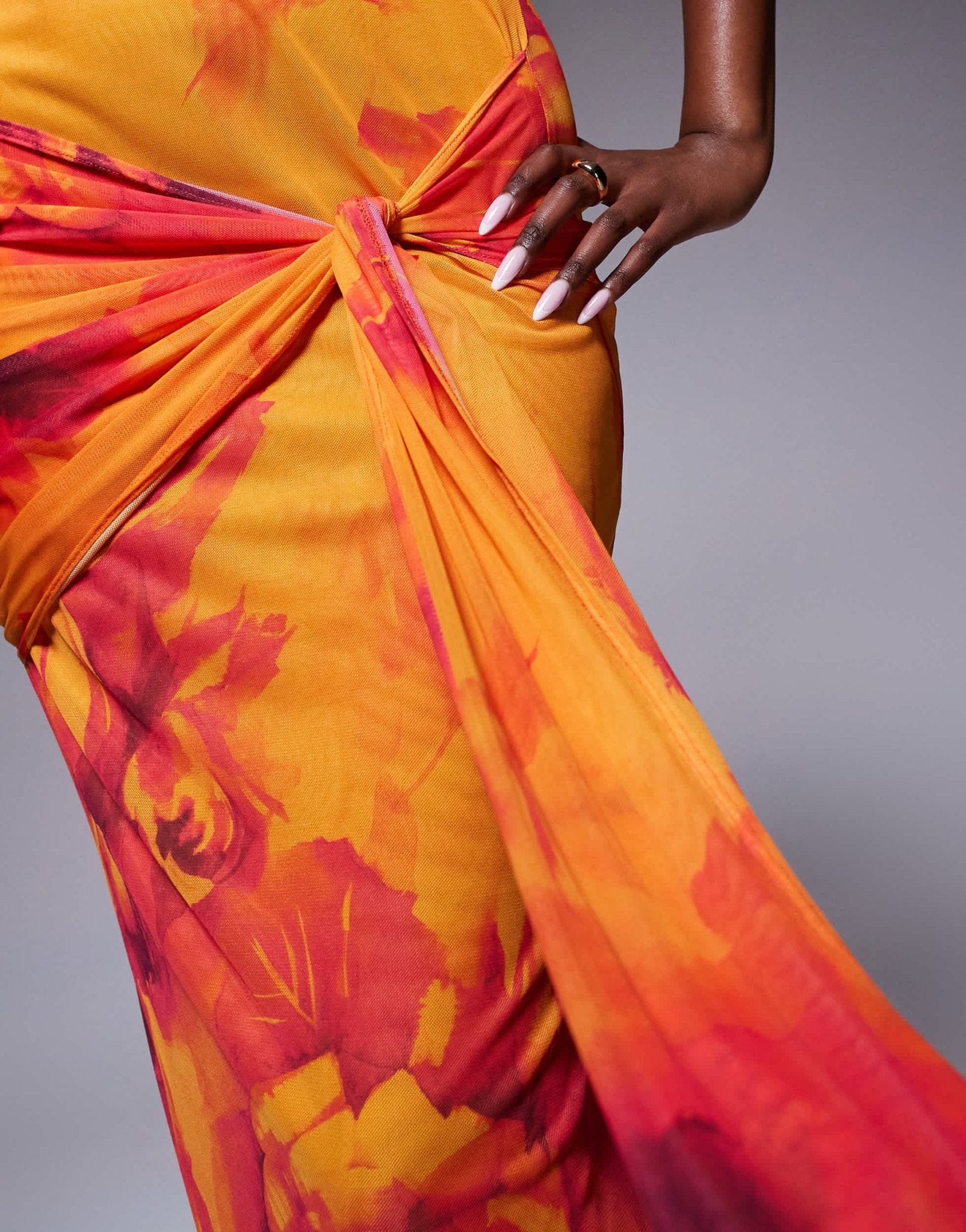 ASOS DESIGN one shoulder mesh maxi dress with knotted skirt detailing in orange floral print - ASOS Sample Sale
