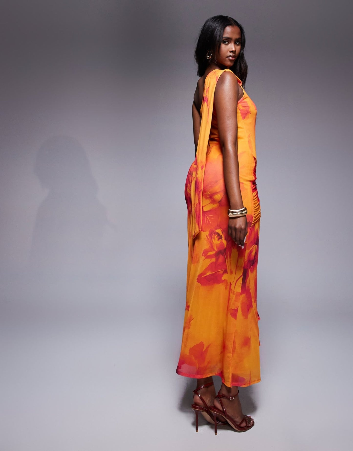 ASOS DESIGN one shoulder mesh maxi dress with knotted skirt detailing in orange floral print - ASOS Sample Sale