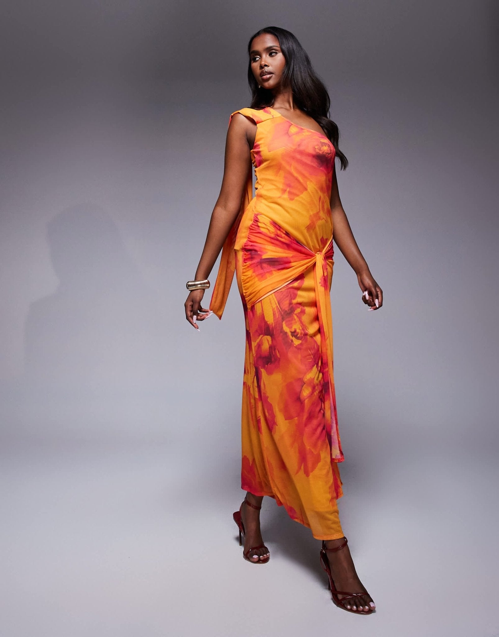 ASOS DESIGN one shoulder mesh maxi dress with knotted skirt detailing in orange floral print - ASOS Sample Sale